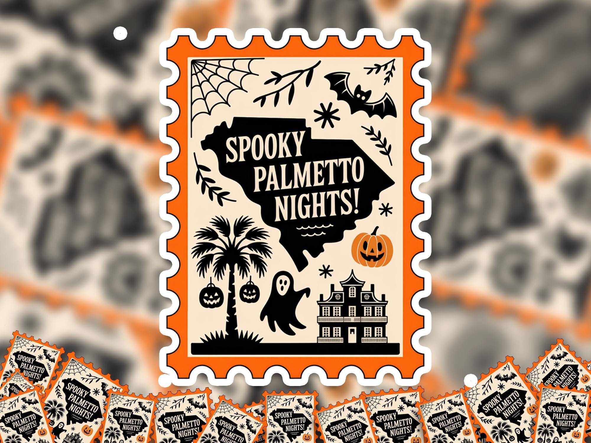 South Carolina Stamp Halloween Sticker, Spooky USA Kiss-Cut Vinyl, Waterproof Decal, United States Travel