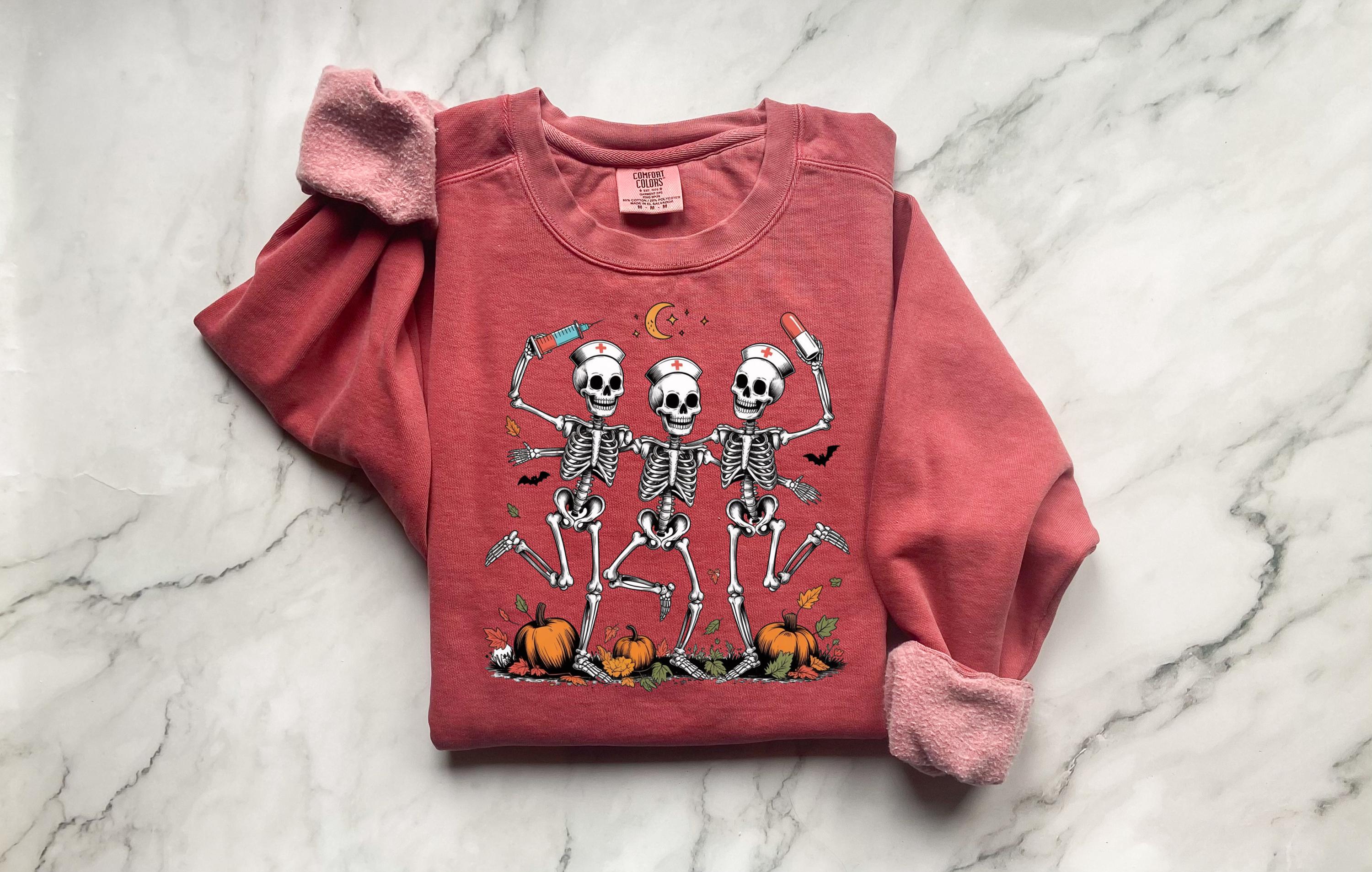Dancing Skeleton Nurse Halloween Sweatshirt, Comfort Colors Fall Pullover, Spooky RN Crewneck, Funny Nurse Gift for Halloween