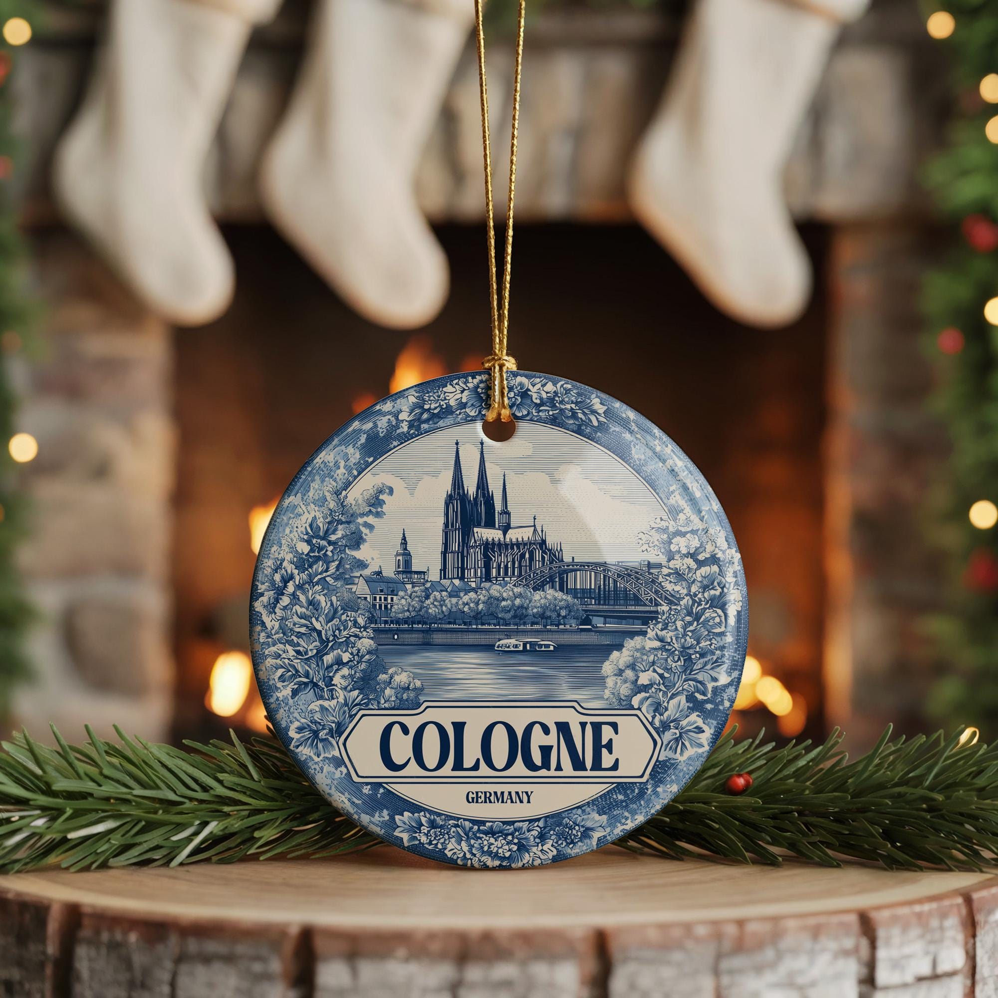 Custom Cologne Germany Ceramic Delft Ornament, Christmas Delftware Blue Delftware city travel