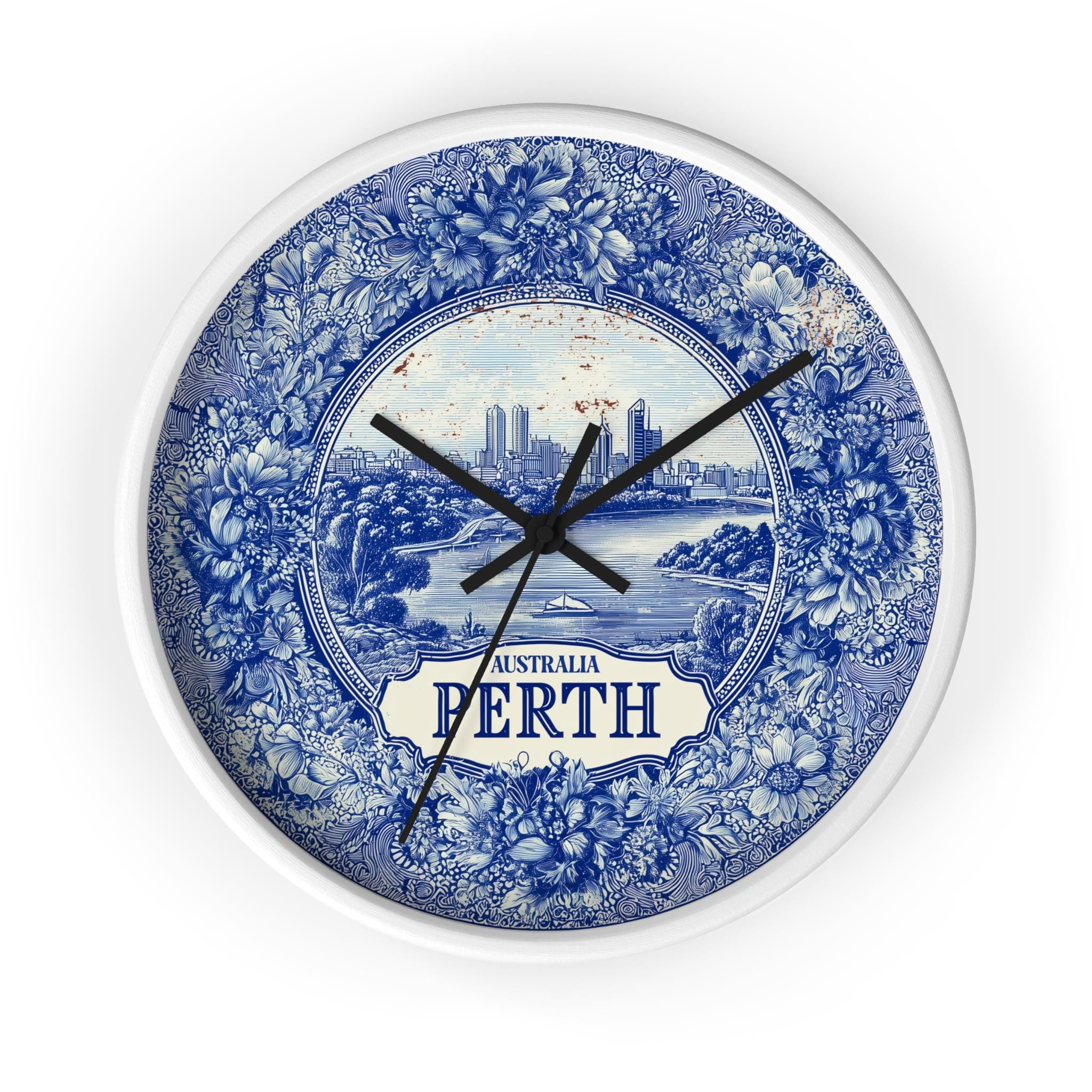 Perth Australia Wall Clock, Delf style Home Decor, Vintage City Travel Keepsake Art