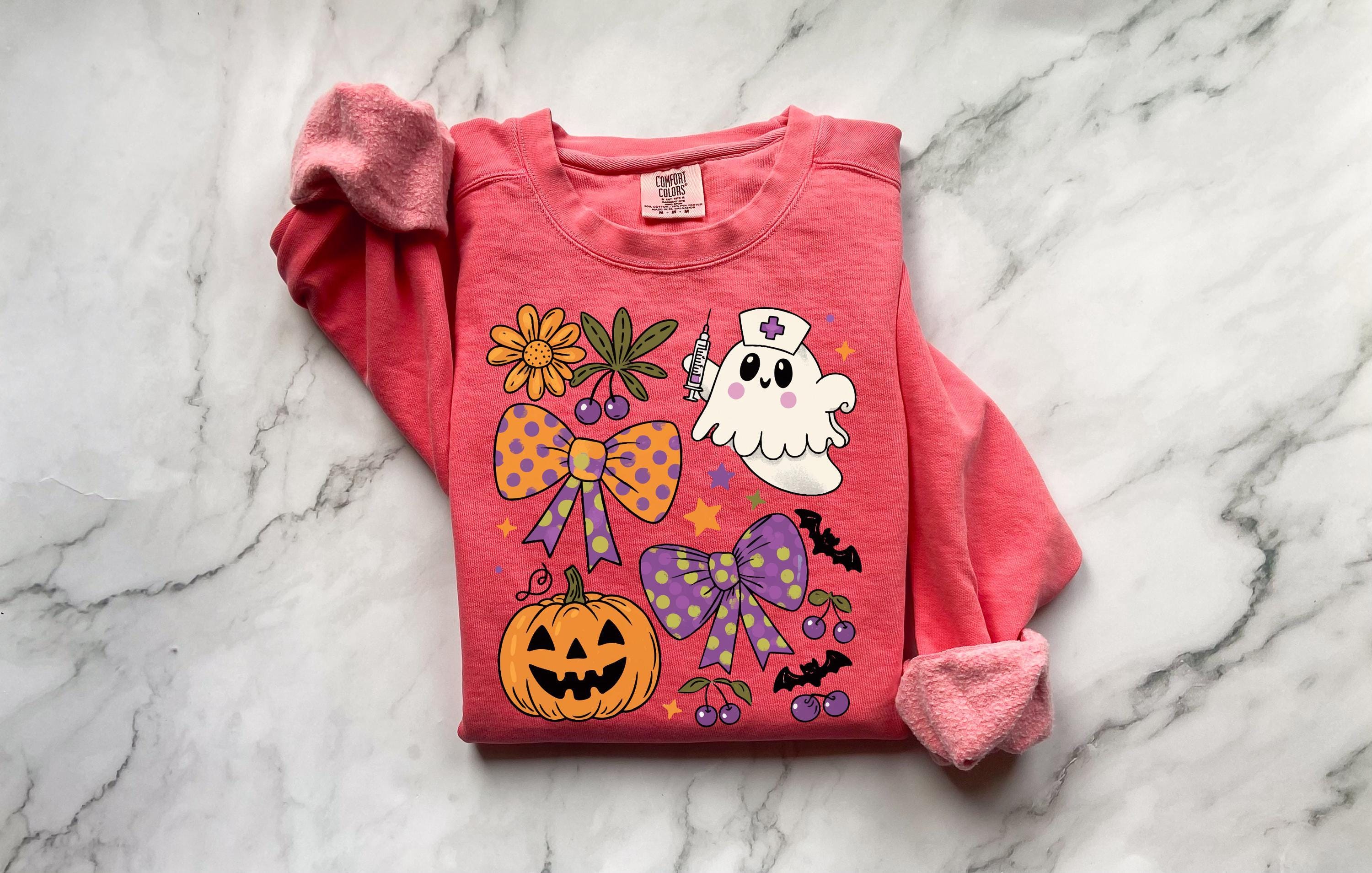 Halloween Nurse Ghost Sweatshirt, Retro Spooky Pumpkin Fall Crewneck, Cute Ghost Nurse Pullover with Flowers and Bows, Gift for RN