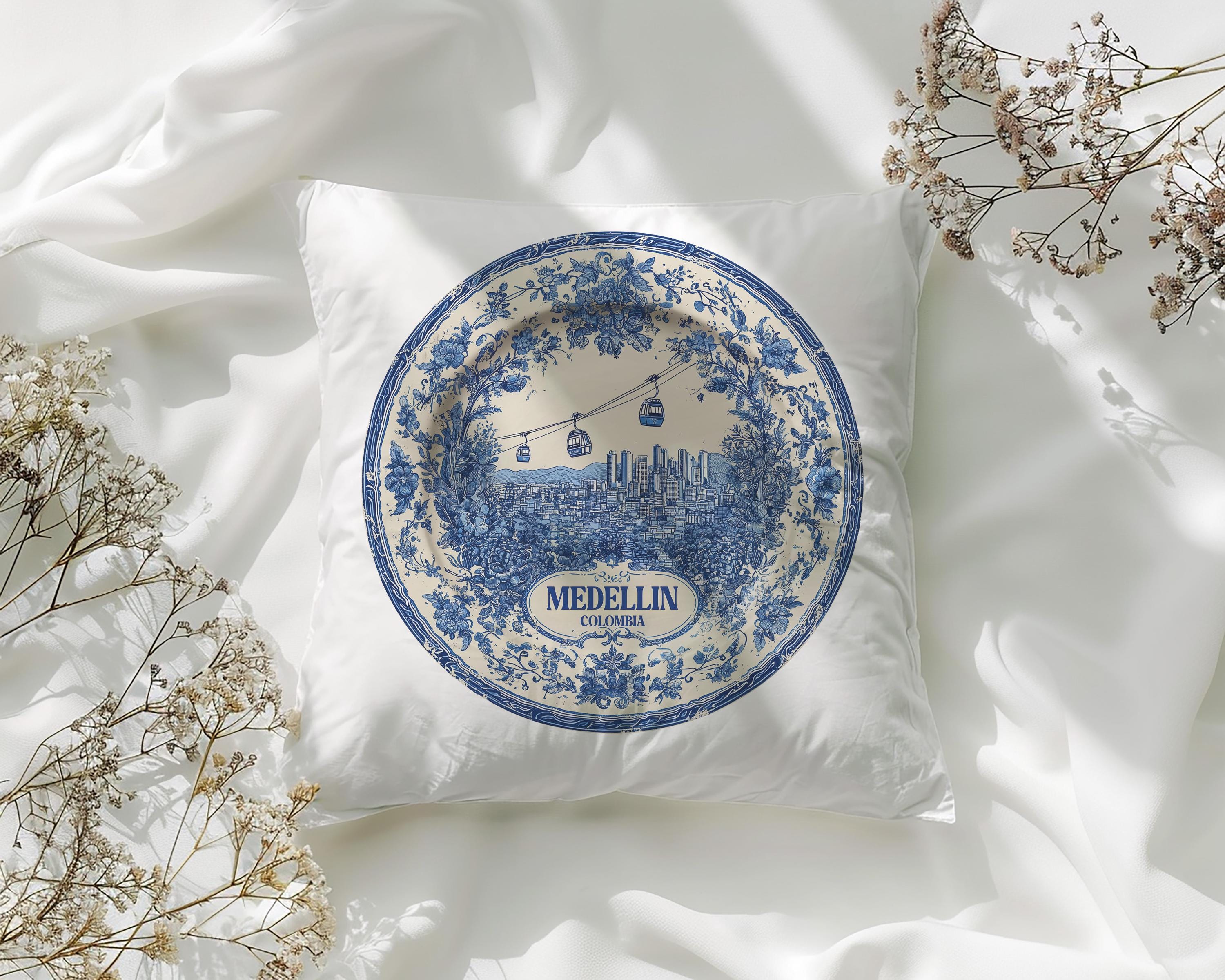 Medellin Colombia Pillowcase, Delft Style Decorative Throw Pillow, Vintage Cityscape Retro Home Decor