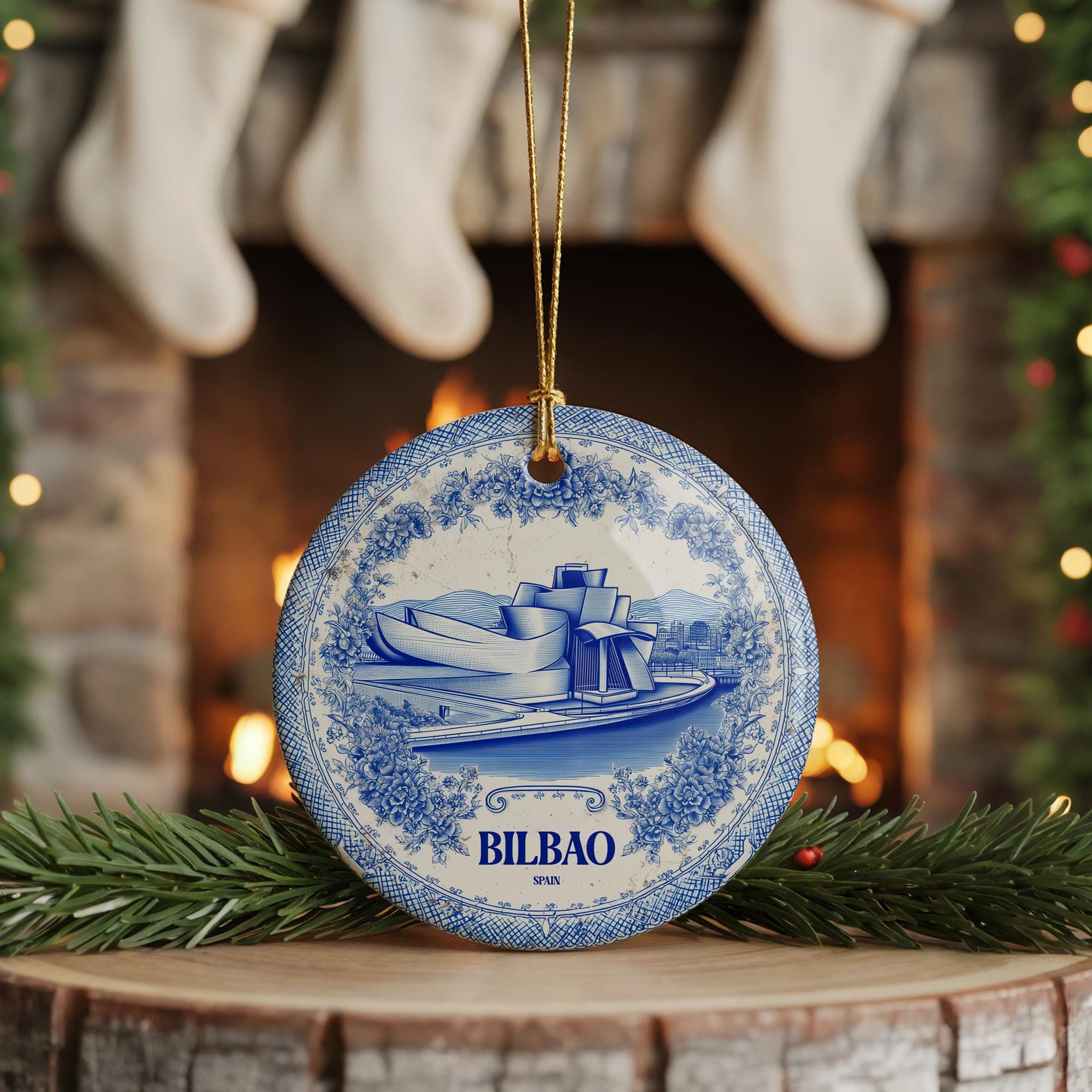 Custom Bilbao Spain Ceramic Delft Ornament, Christmas Delftware Blue Delftware city travel