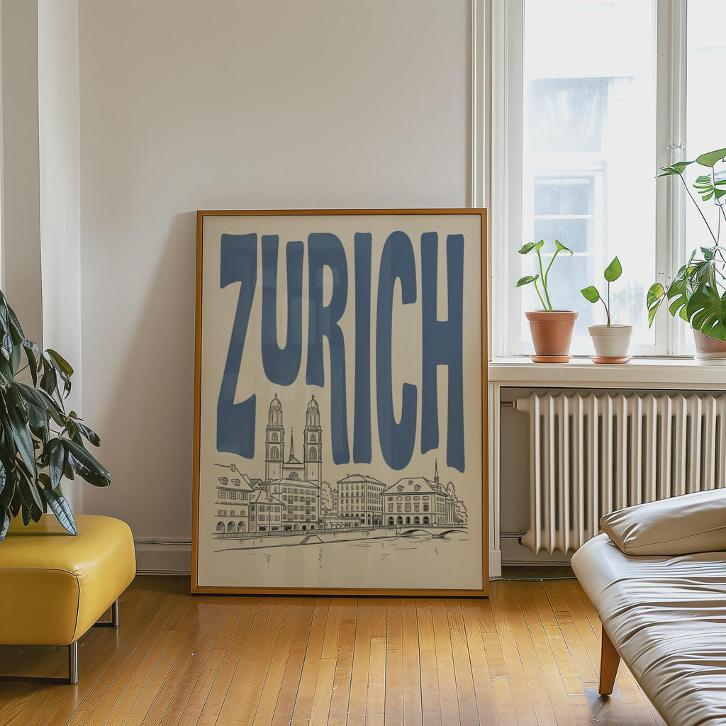 Zurich Skyline Wall Art, Framed Canvas Print, Switzerland Travel Poster