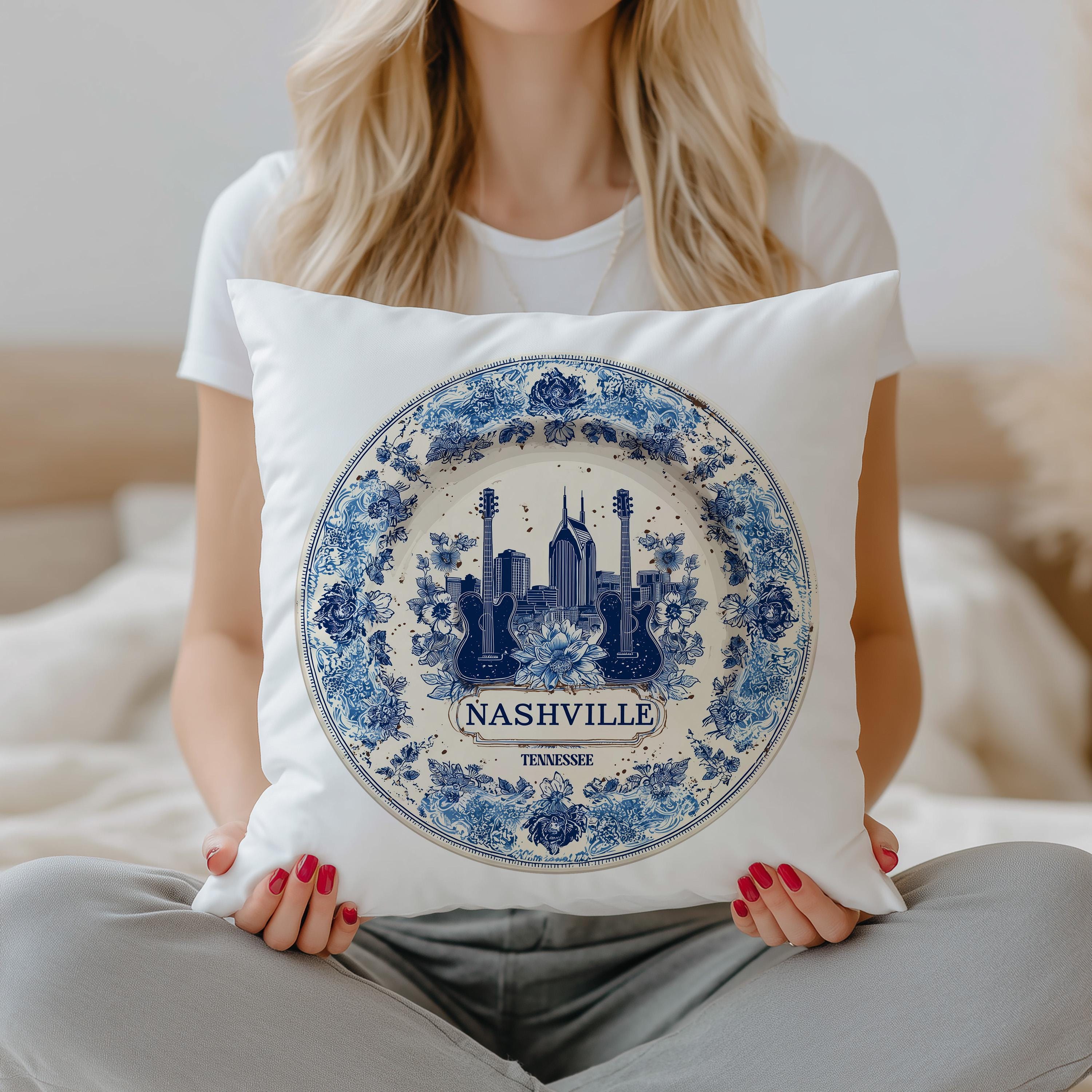 Nashville Tennessee Pillowcase, Delft Style Decorative Throw Pillow, Vintage Cityscape Retro Home Decor