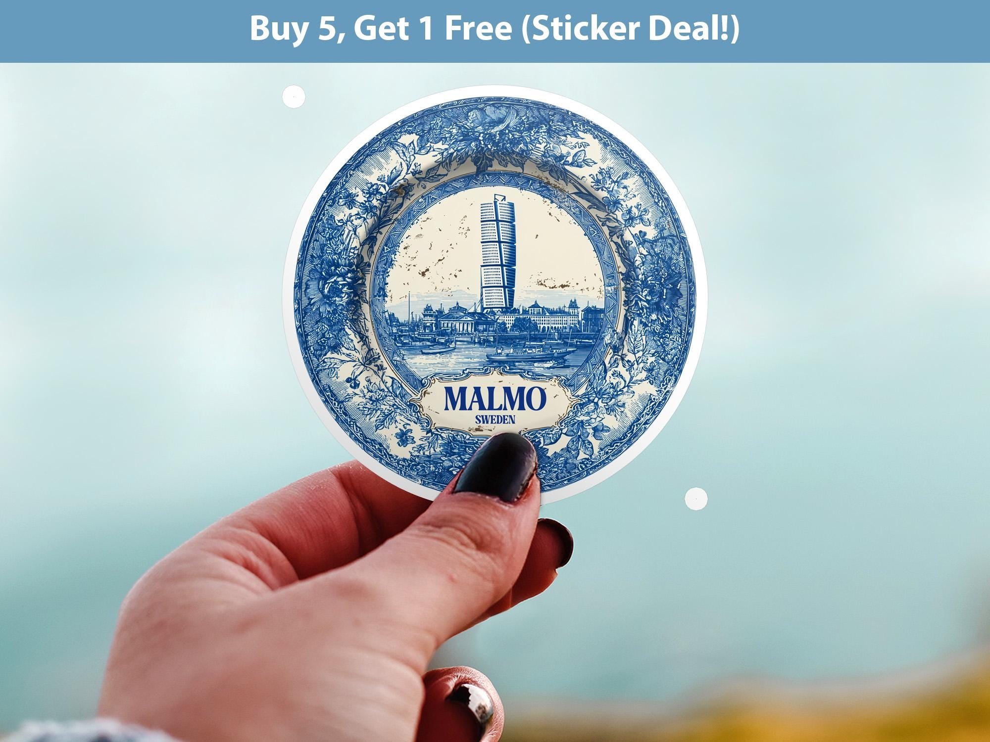 Malmo Sweden Sticker Vintage Delft style, Delftware Decal Waterproof Vinyl, Blue City Travel