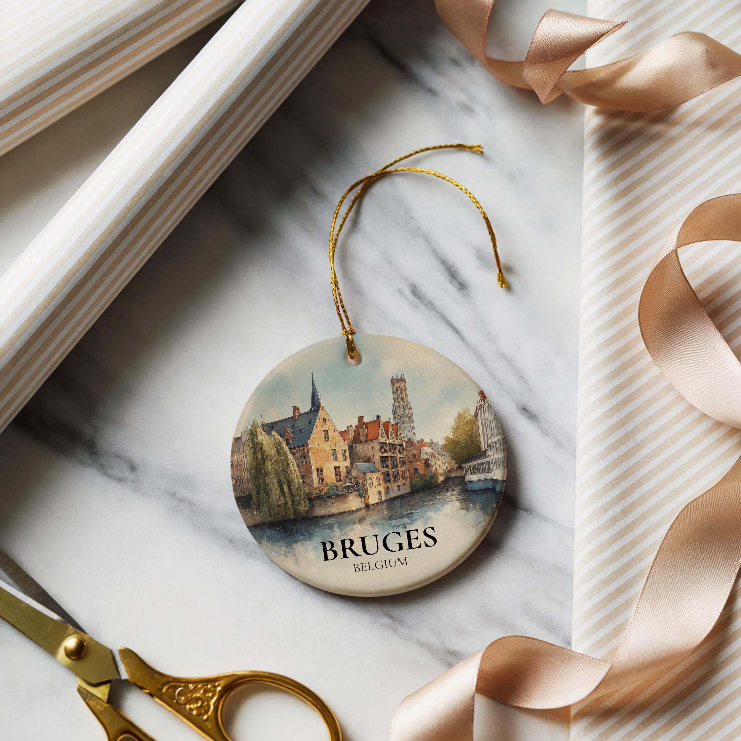Bruges Belgium Personalized Watercolor Ornament, Custom Ceramic Christmas gift, Travel Keepsake
