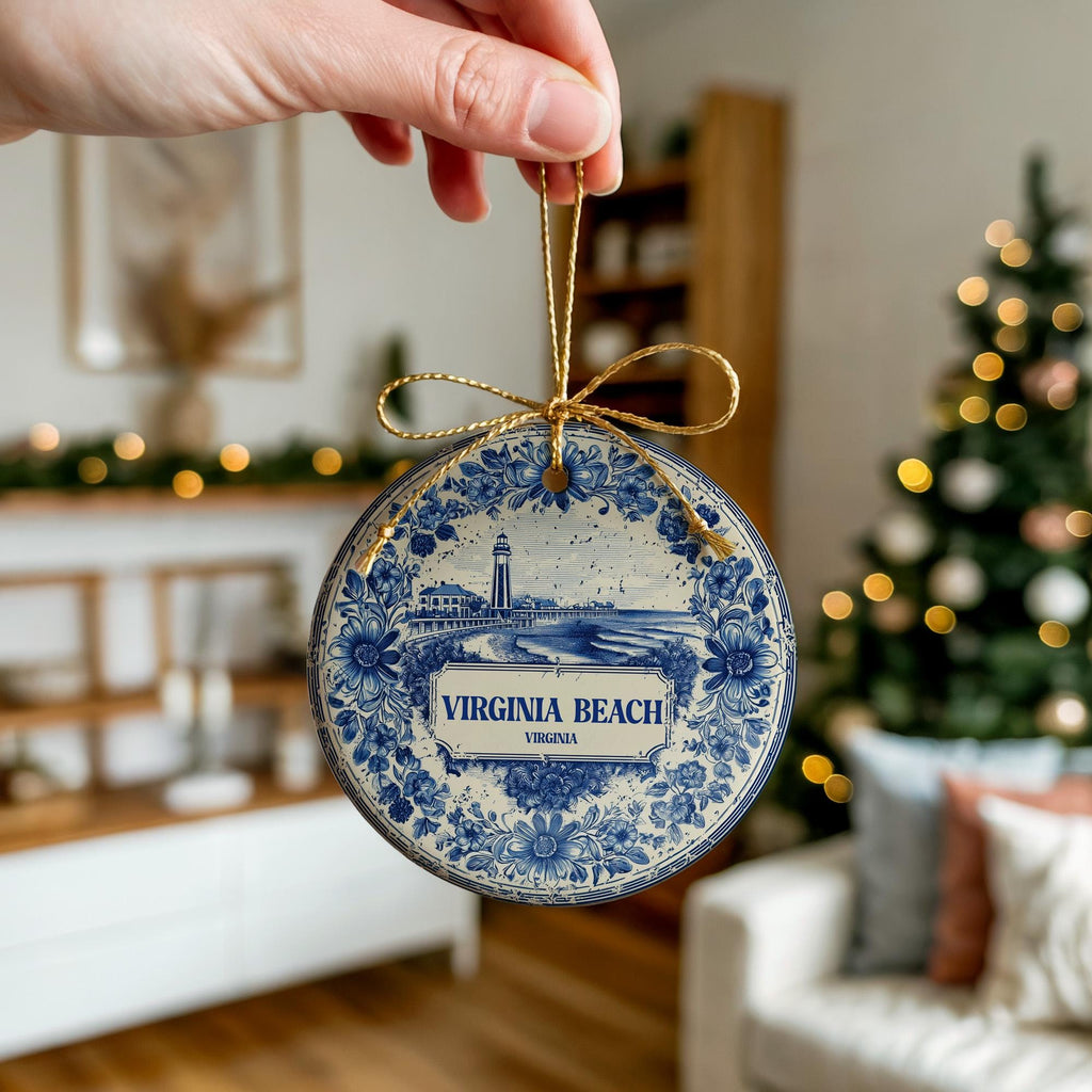 Virginia Beach Delftware Ceramic Ornament: Custom City Travel Keepsake