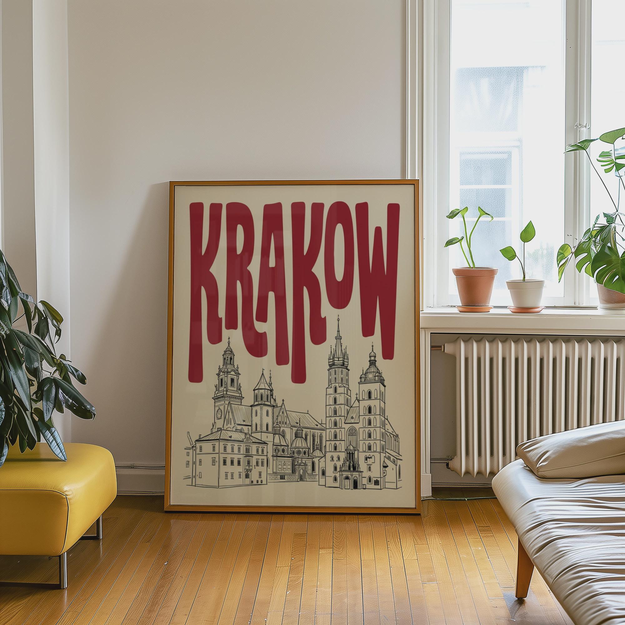 Krakow Poland Skyline Wall Art, Framed Canvas Print, Minimalist Line Art Decor