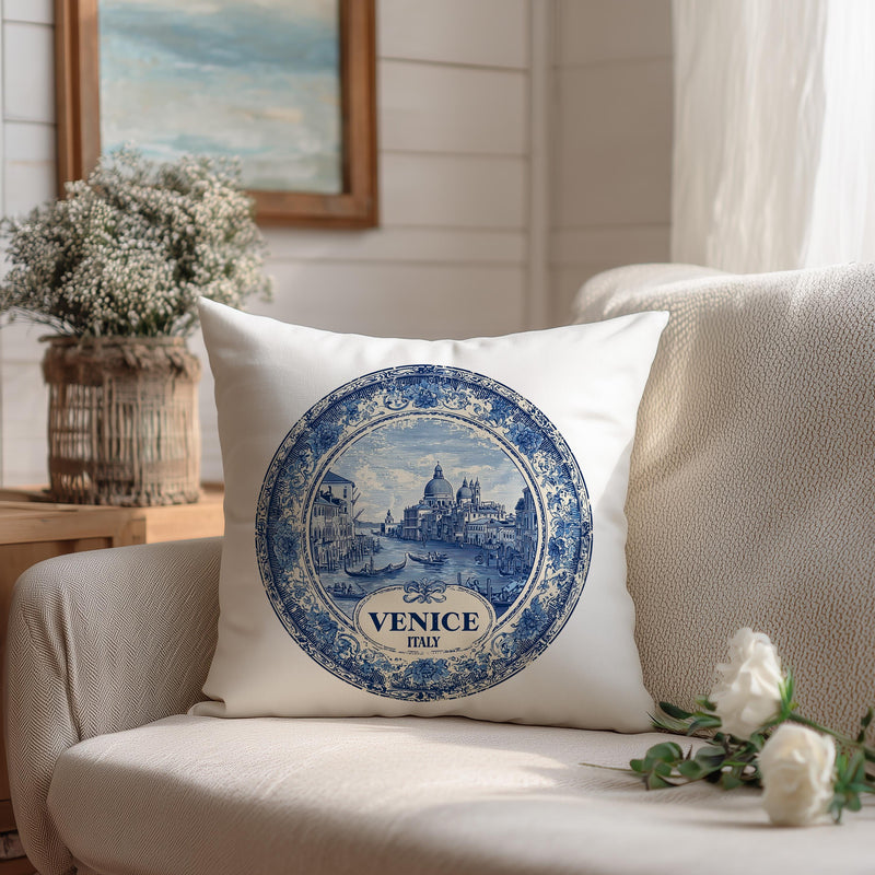 Venice Italy Pillowcase, Delft Style Decorative Throw Pillow, Vintage Cityscape Retro Home Decor