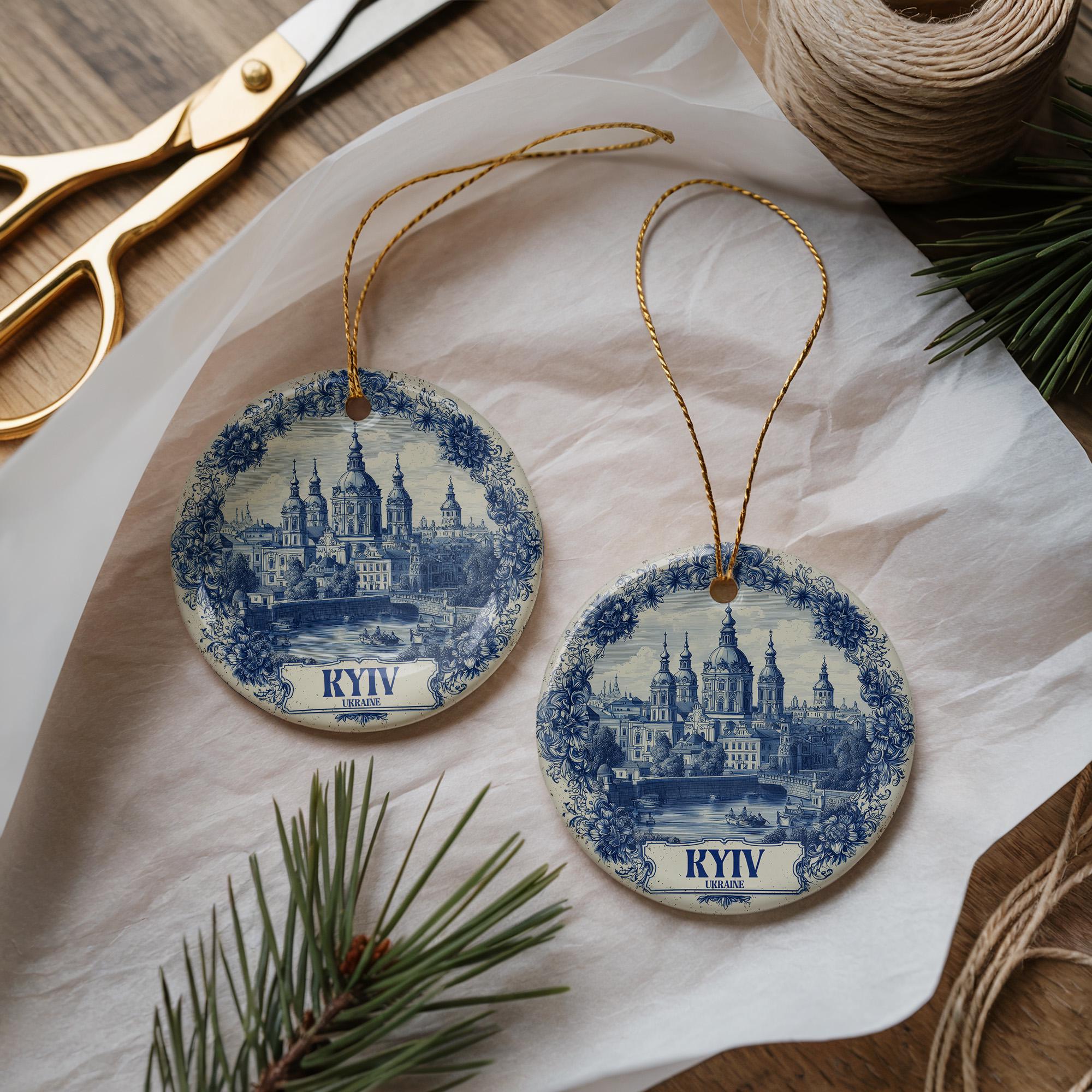 Custom Kyiv Ukraine Ceramic Delft Ornament, Christmas Delftware Blue Delftware city travel