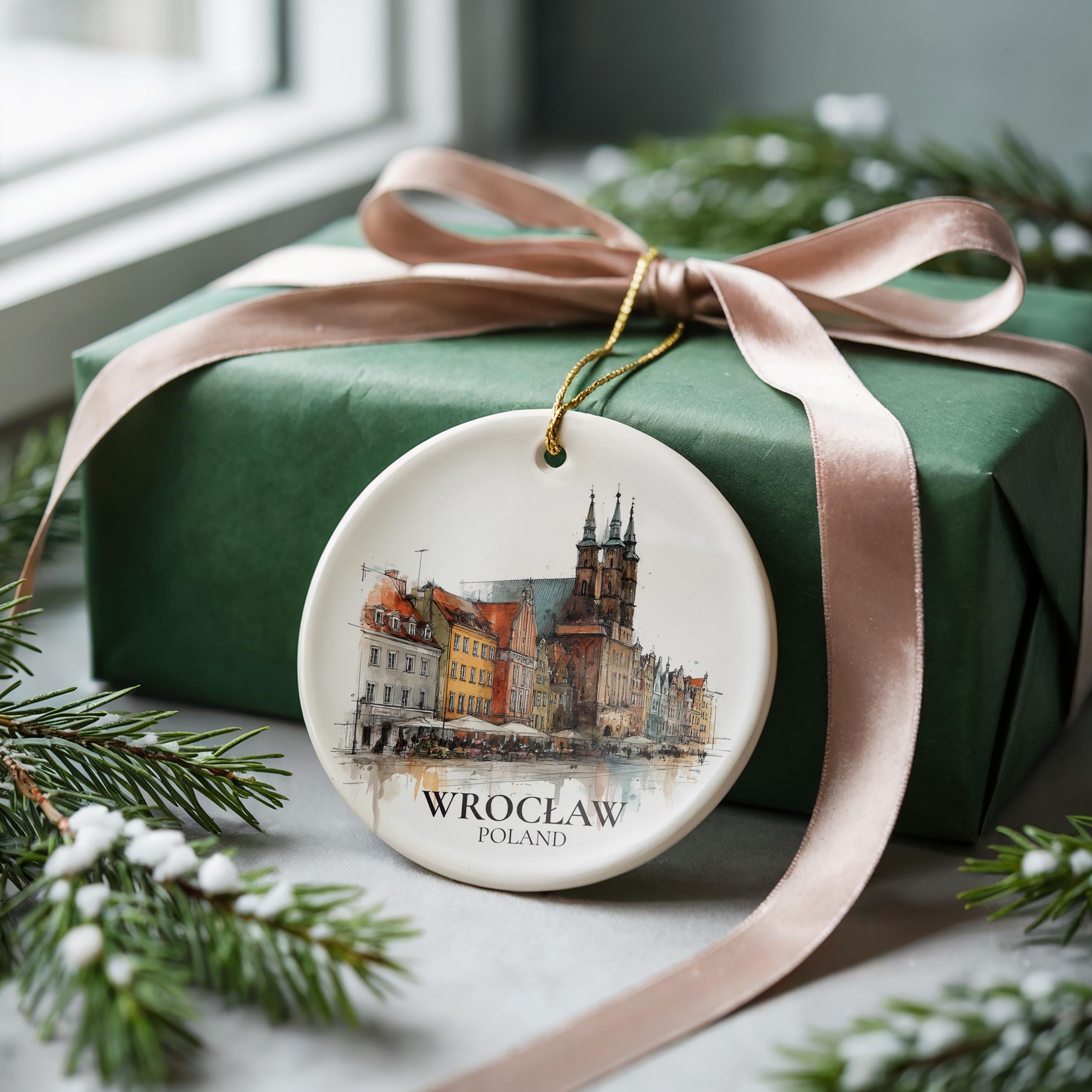 Wroclaw Poland Personalized Watercolor Ornament, Custom Ceramic Christmas gift, Travel Keepsake