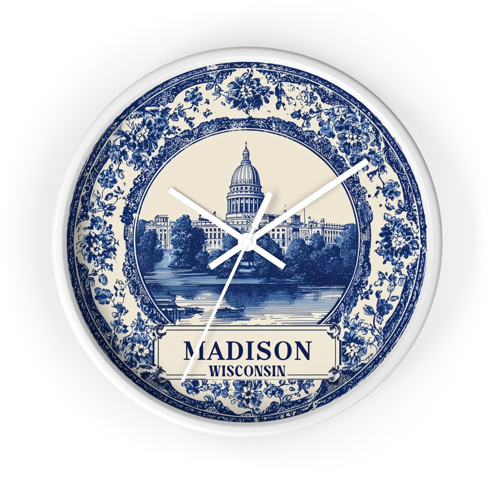 Madison Wisconsin Wall Clock, Delf style Home Decor, Vintage City Travel Keepsake Art