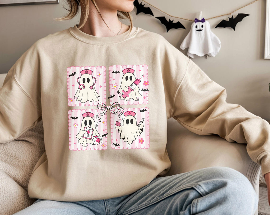 Cute Nurse Halloween Sweatshirt Pink ghost, Halloween Gift for Nurse Medical Lab, Nurse Spooky , Nurse Halloween Boo Boo Crew