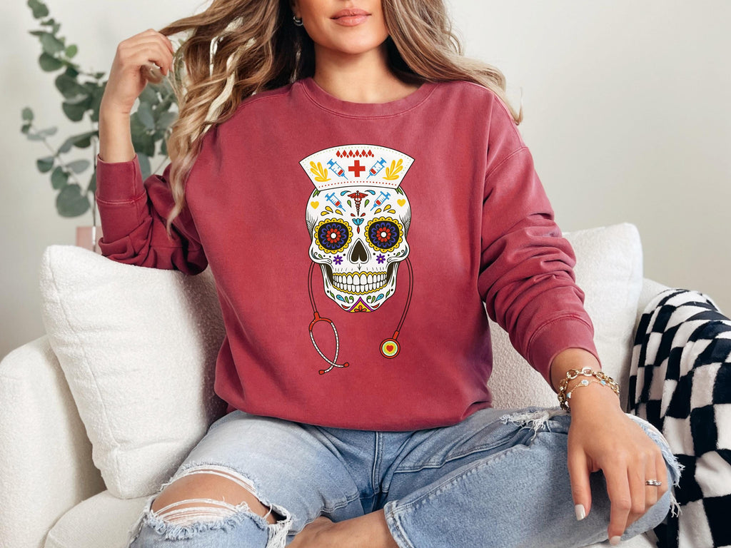Halloween Nurse Skull Sweatshirt, Spooky RN Day of the Dead Top, Gothic Medical Fall Pullover, Retro Skeleton Apparel, Gift for Nurse