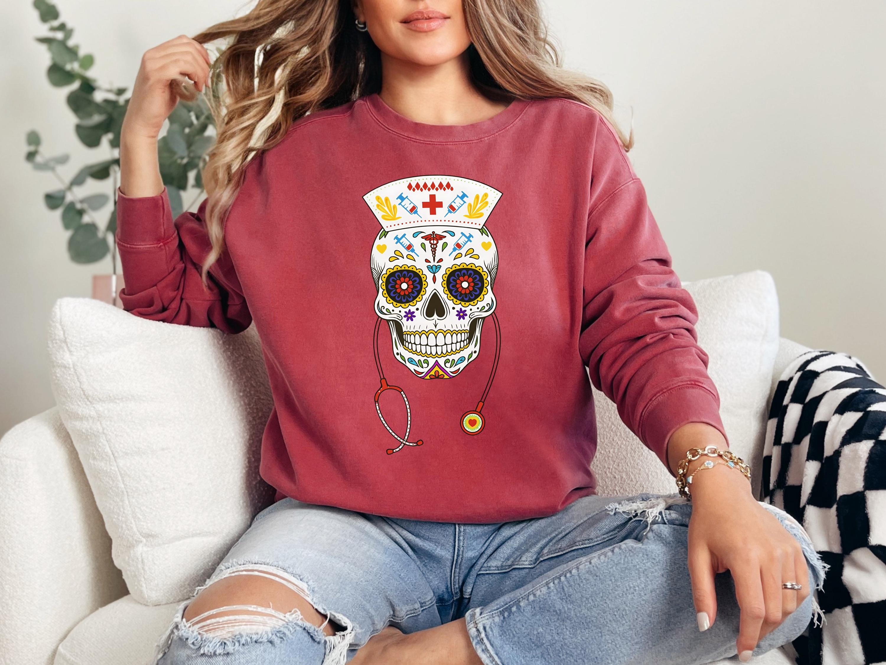 Halloween Nurse Skull Sweatshirt, Spooky RN Day of the Dead Top, Gothic Medical Fall Pullover, Retro Skeleton Apparel, Gift for Nurse