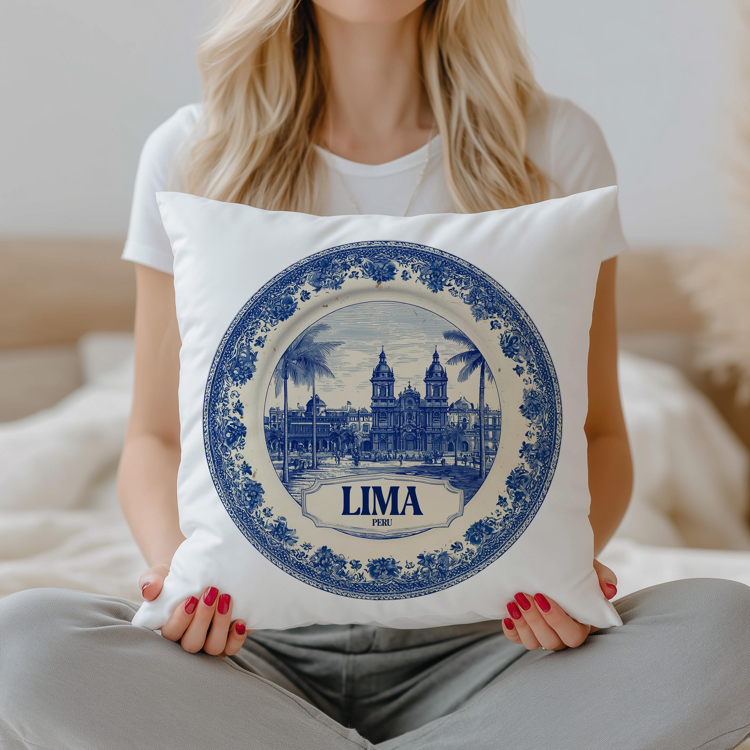 Lima Peru Pillowcase, Delft Style Decorative Throw Pillow, Vintage Cityscape Retro Home Decor