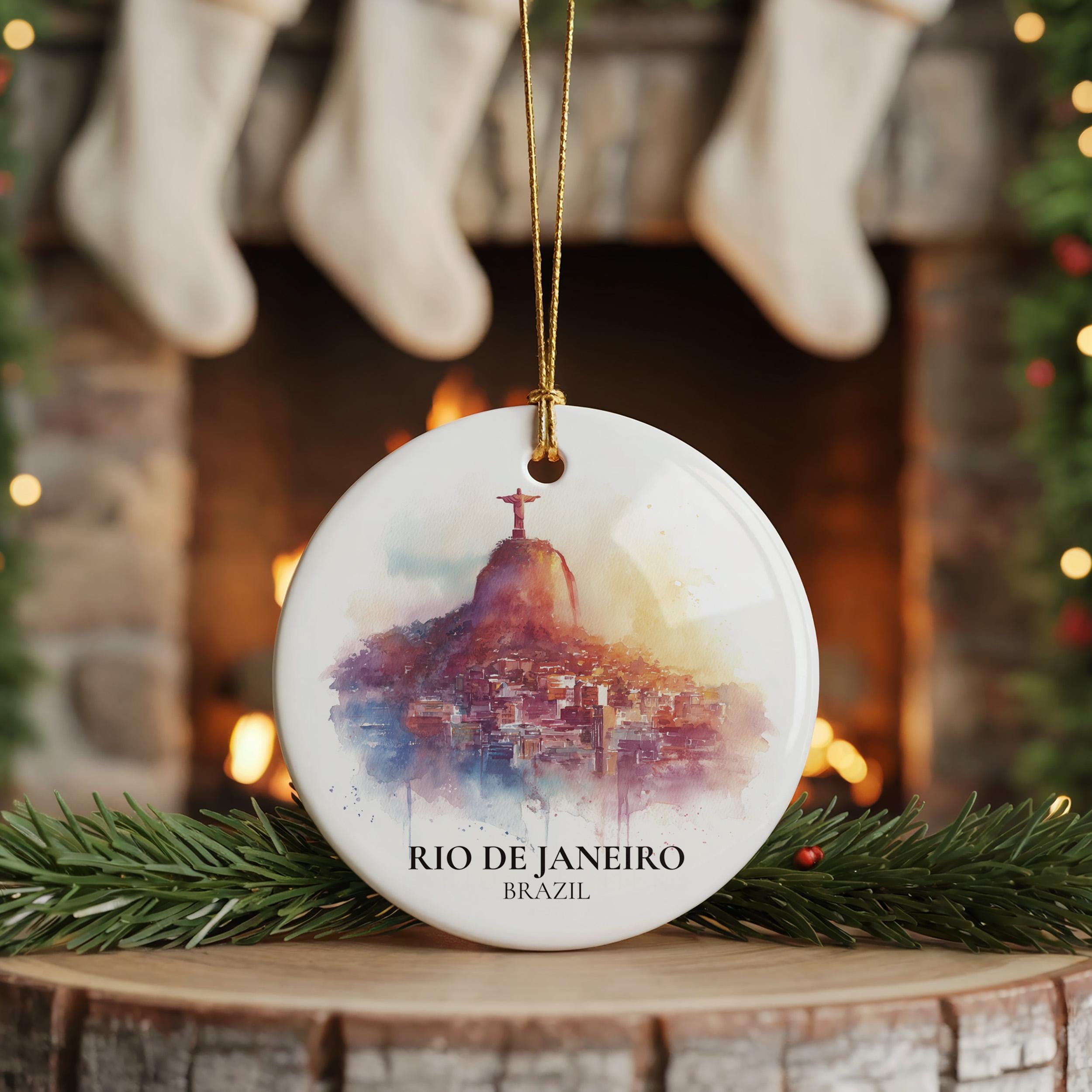 Rio Brazil Personalized Watercolor Ornament, Custom Ceramic Christmas gift, Travel Keepsake