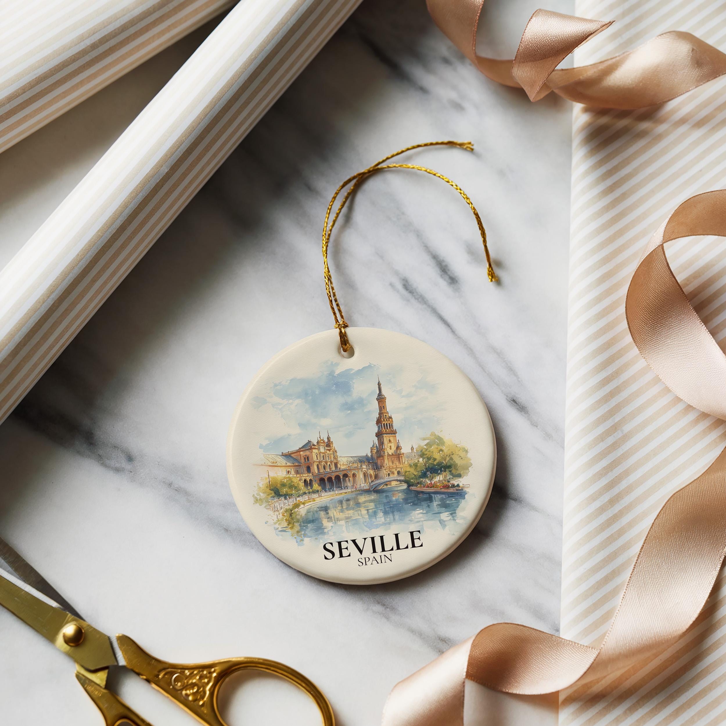 Seville Personalized Watercolor Ornament, SpainCustom Ceramic Christmas gift, Travel Keepsake