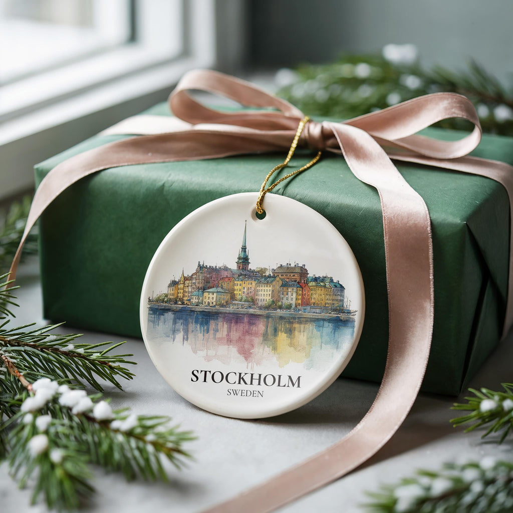 Stockholm Sweden Personalized Watercolor Ornament, Custom Ceramic Christmas gift, Travel Keepsake