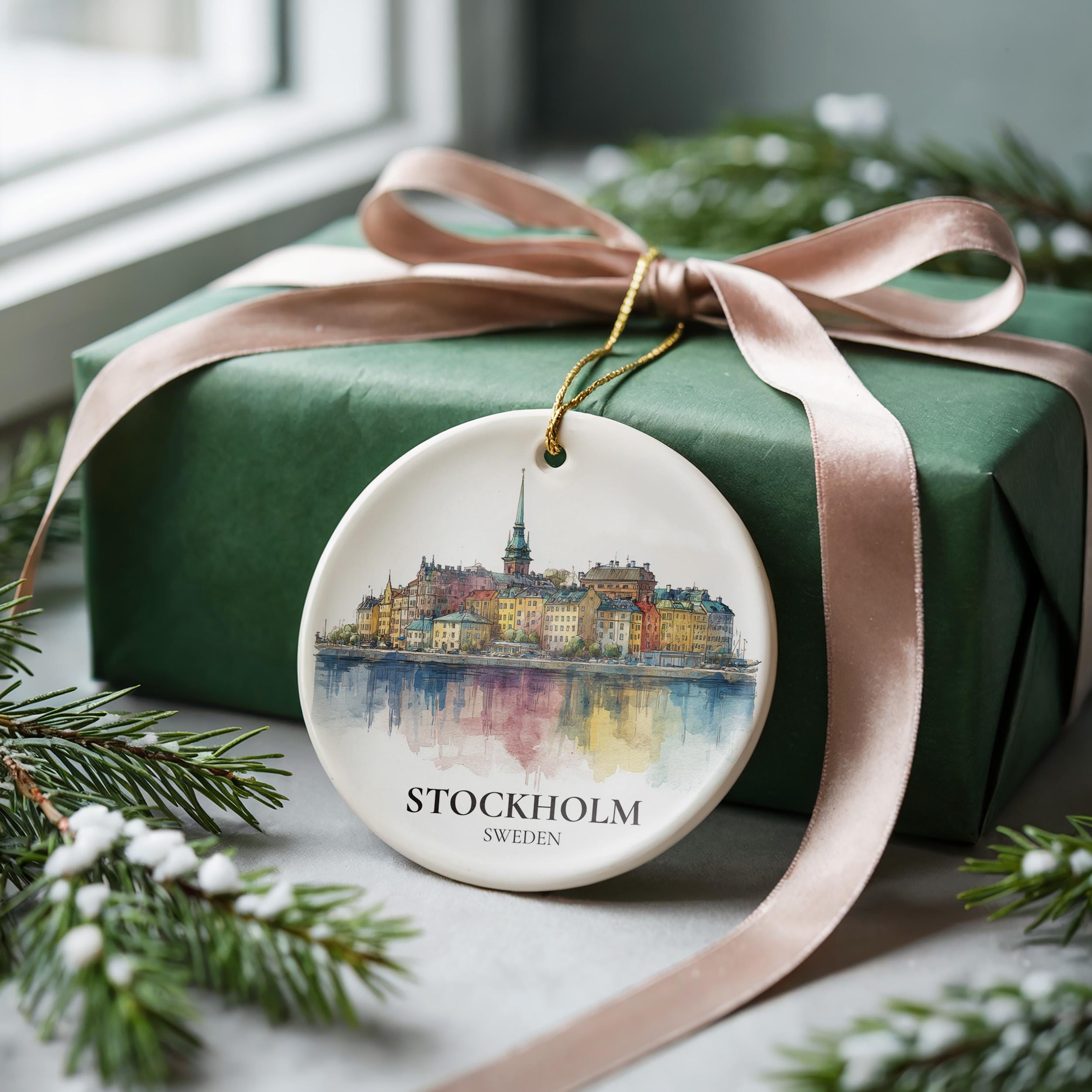 Stockholm Sweden Personalized Watercolor Ornament, Custom Ceramic Christmas gift, Travel Keepsake
