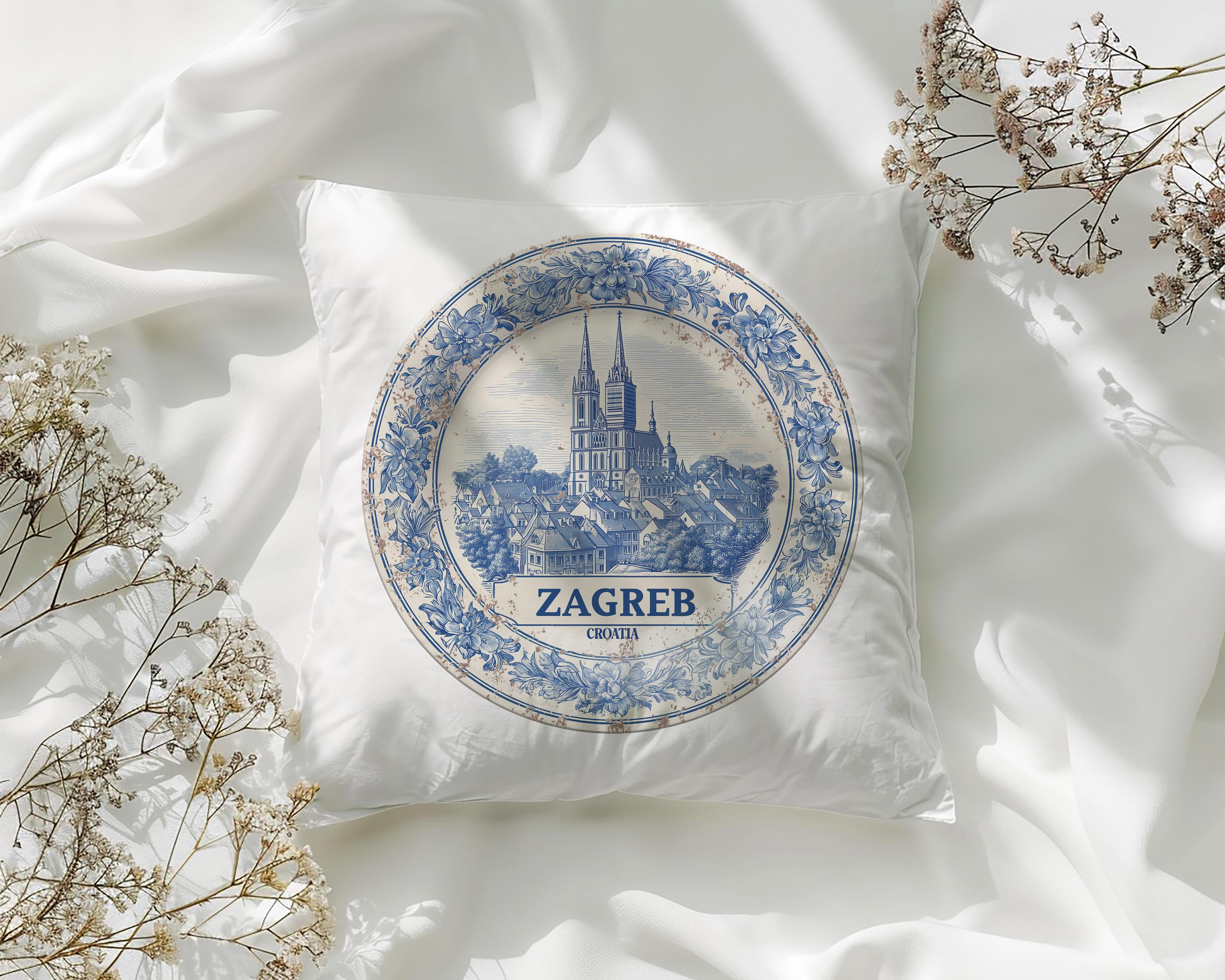 Zagreb Croatia Pillowcase, Delft Style Decorative Throw Pillow, Vintage Cityscape Retro Home Decor