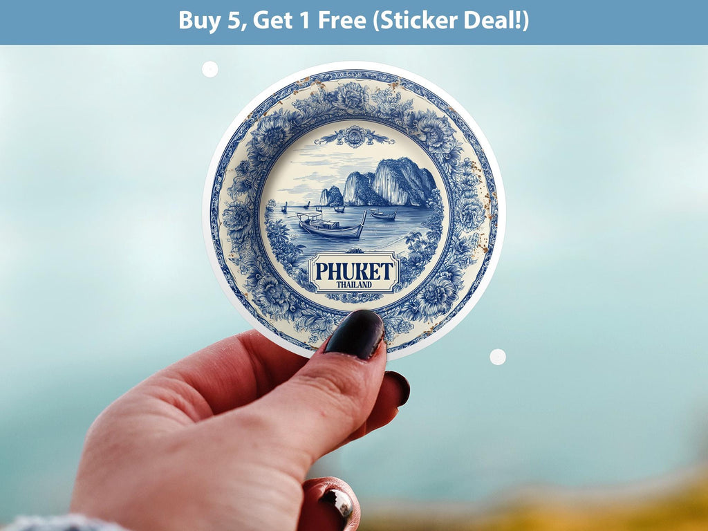 Phuket Thailand Sticker Vintage Delft style, Delftware Decal Waterproof Vinyl, Blue City Travel