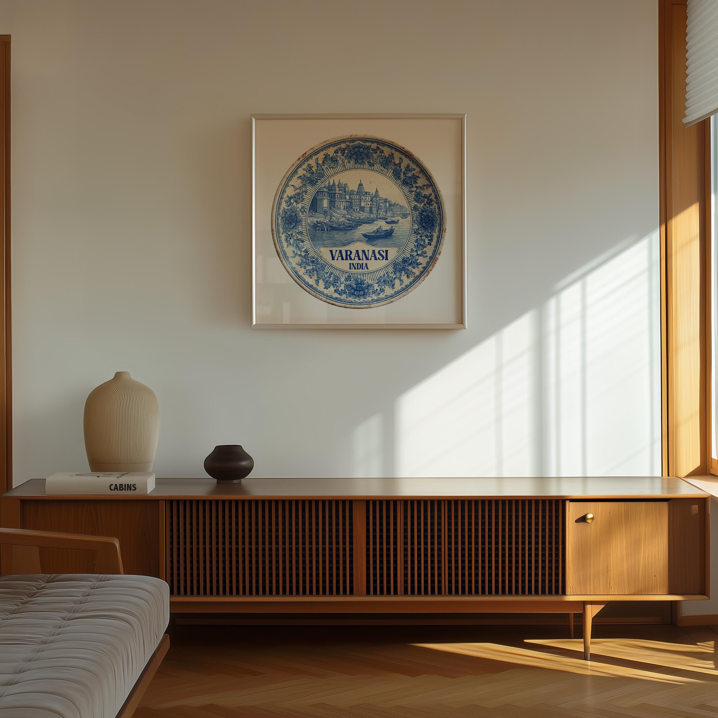 Varanasi India Wall Art, Vintage Delft Blue Poster, City Print, Travel Home Decor
