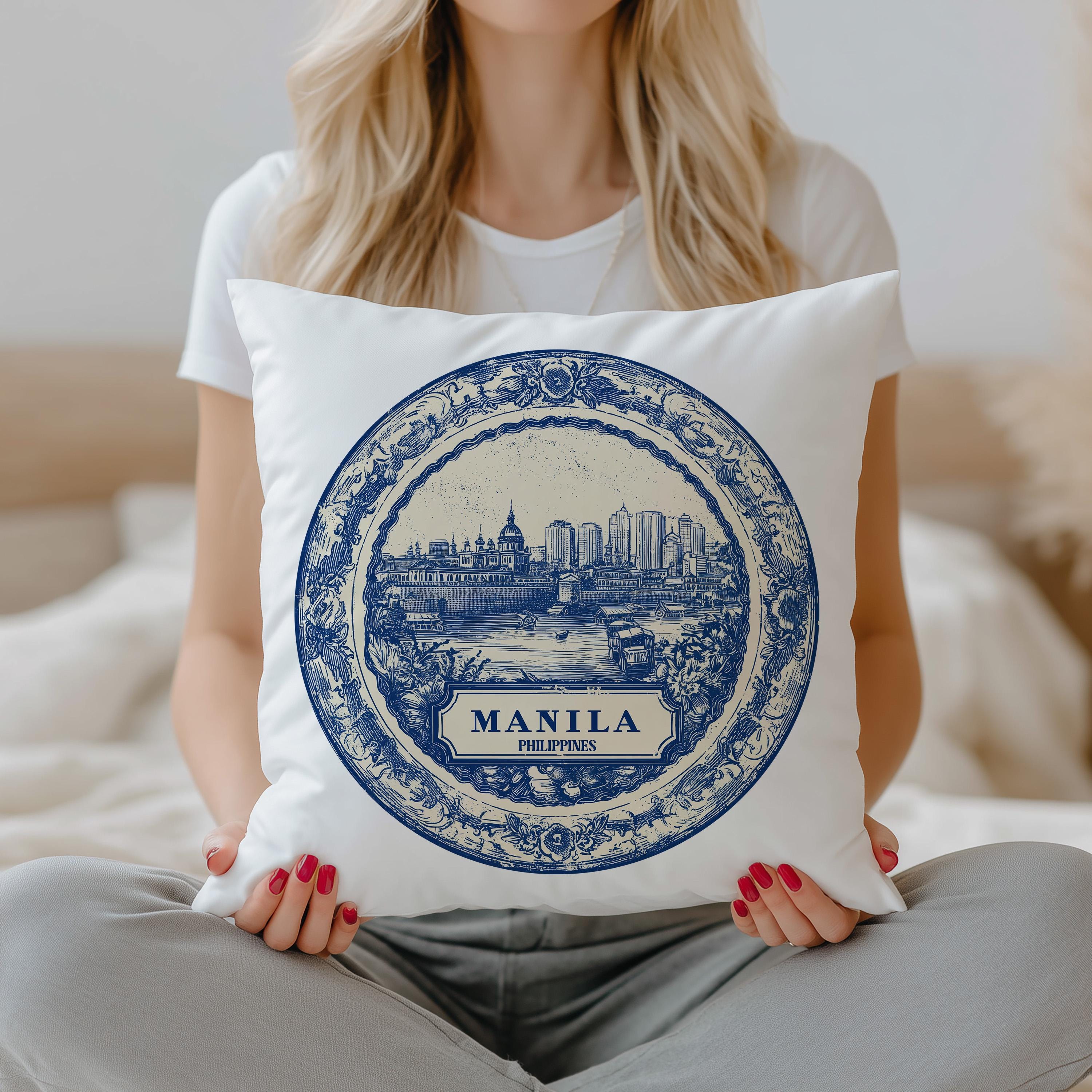Manila Philippines Pillowcase, Delft Style Decorative Throw Pillow, Vintage Cityscape Retro Home Decor