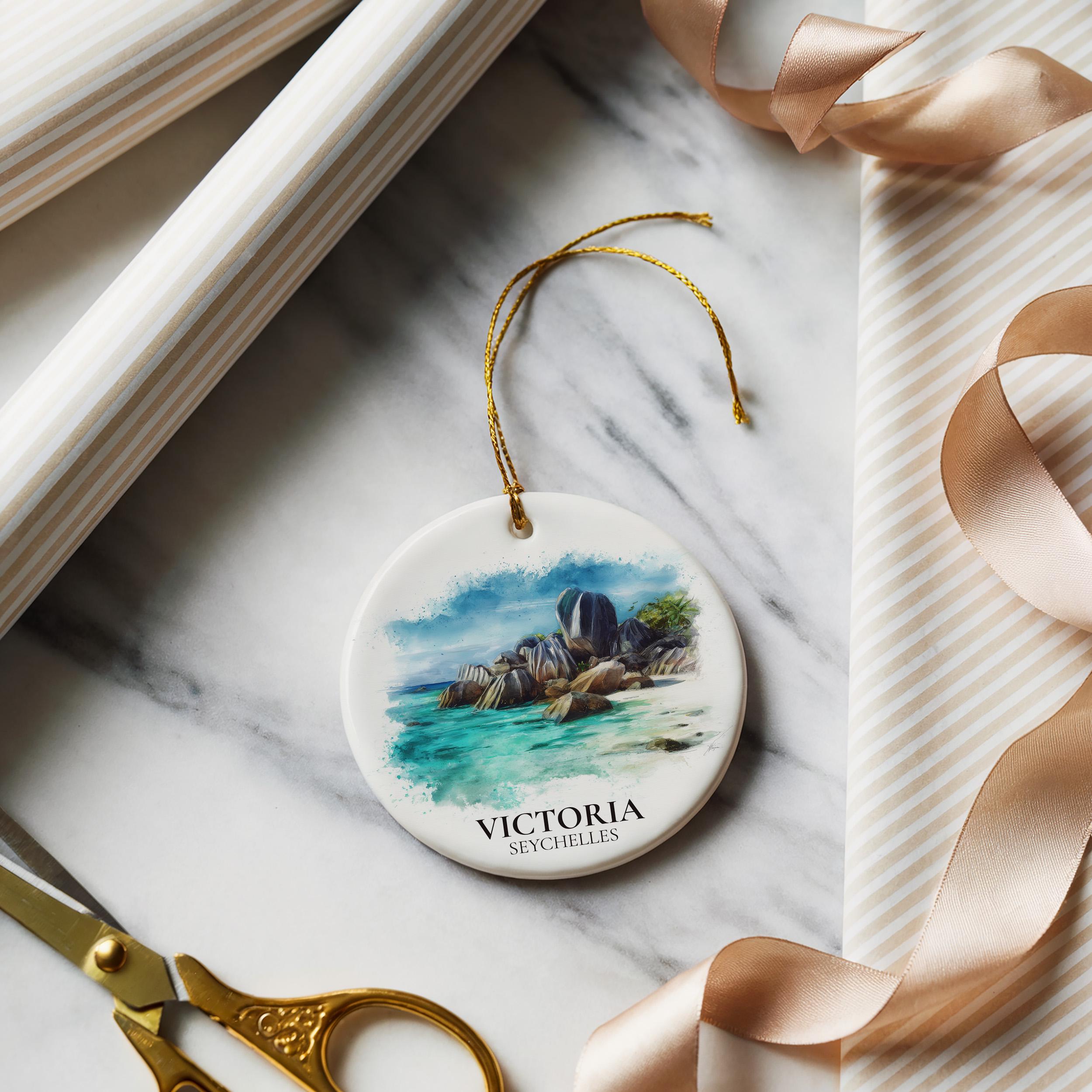 Victoria Seychelles Personalized Watercolor Ornament, Custom Ceramic Christmas gift, Travel Keepsake