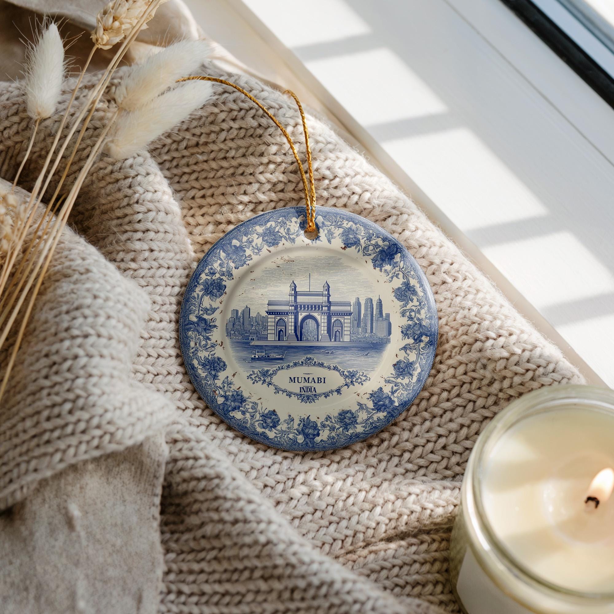 Custom Mumbai India Ceramic Delft Ornament, Christmas Delftware Blue Delftware city travel
