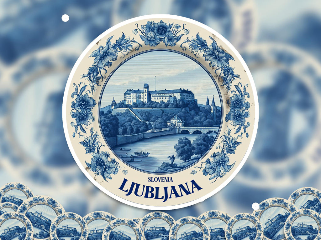 Ljubljana Slovenia Sticker Vintage Delft style, Delftware Decal Waterproof Vinyl, Blue City Travel