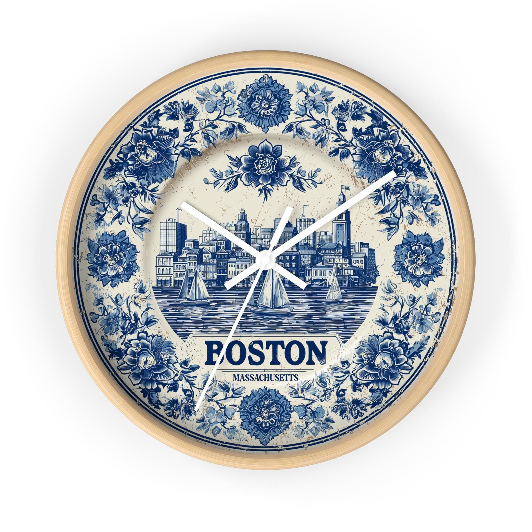 Boston Massachusetts Wall Clock, Delf style Home Decor, Vintage City Travel Keepsake Art