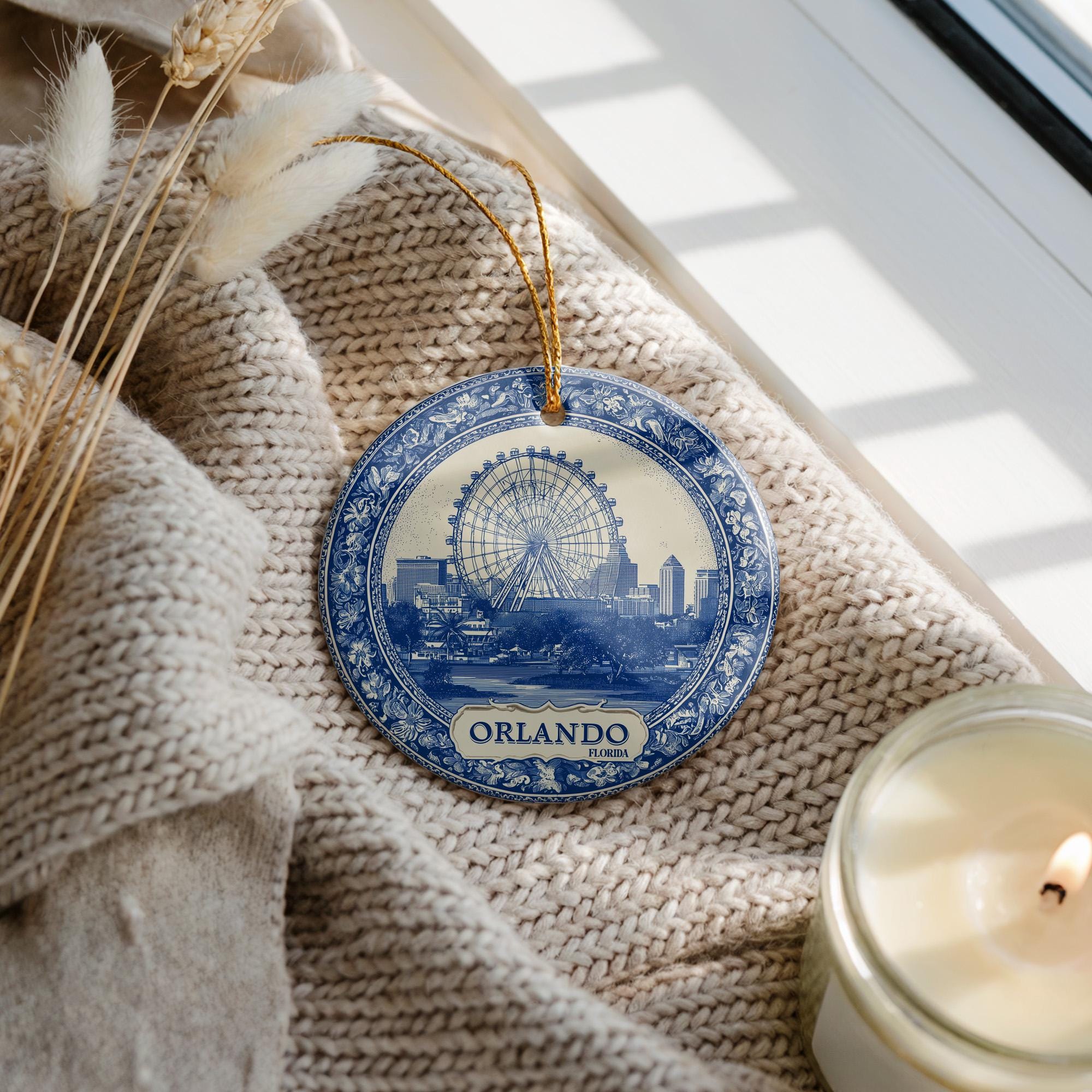 Custom Orlando Florida Ceramic Delft Ornament, Christmas Delftware Blue Delftware city travel