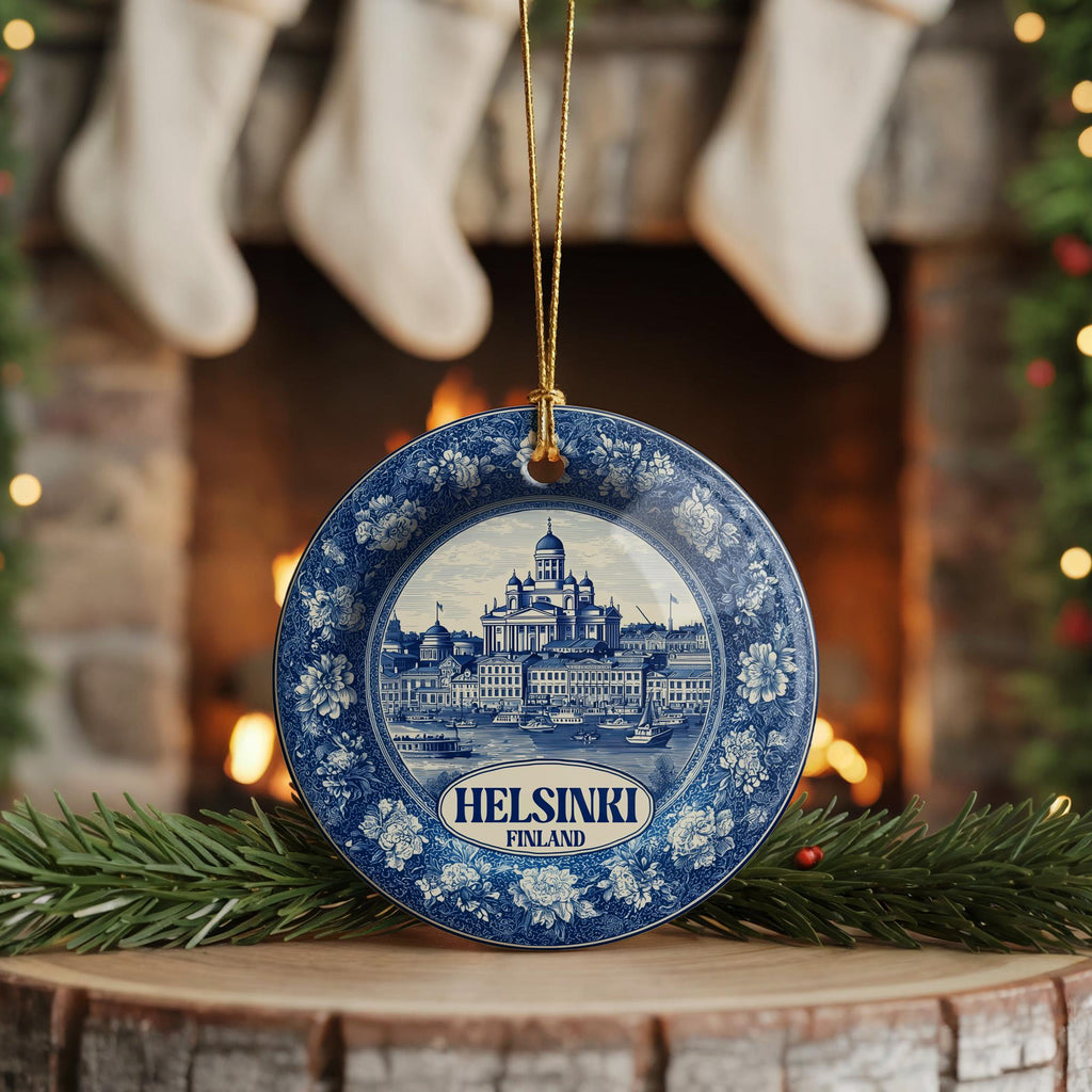 Custom Helsinki Finland Ceramic Delft Ornament, Christmas Delftware Blue Delftware city travel