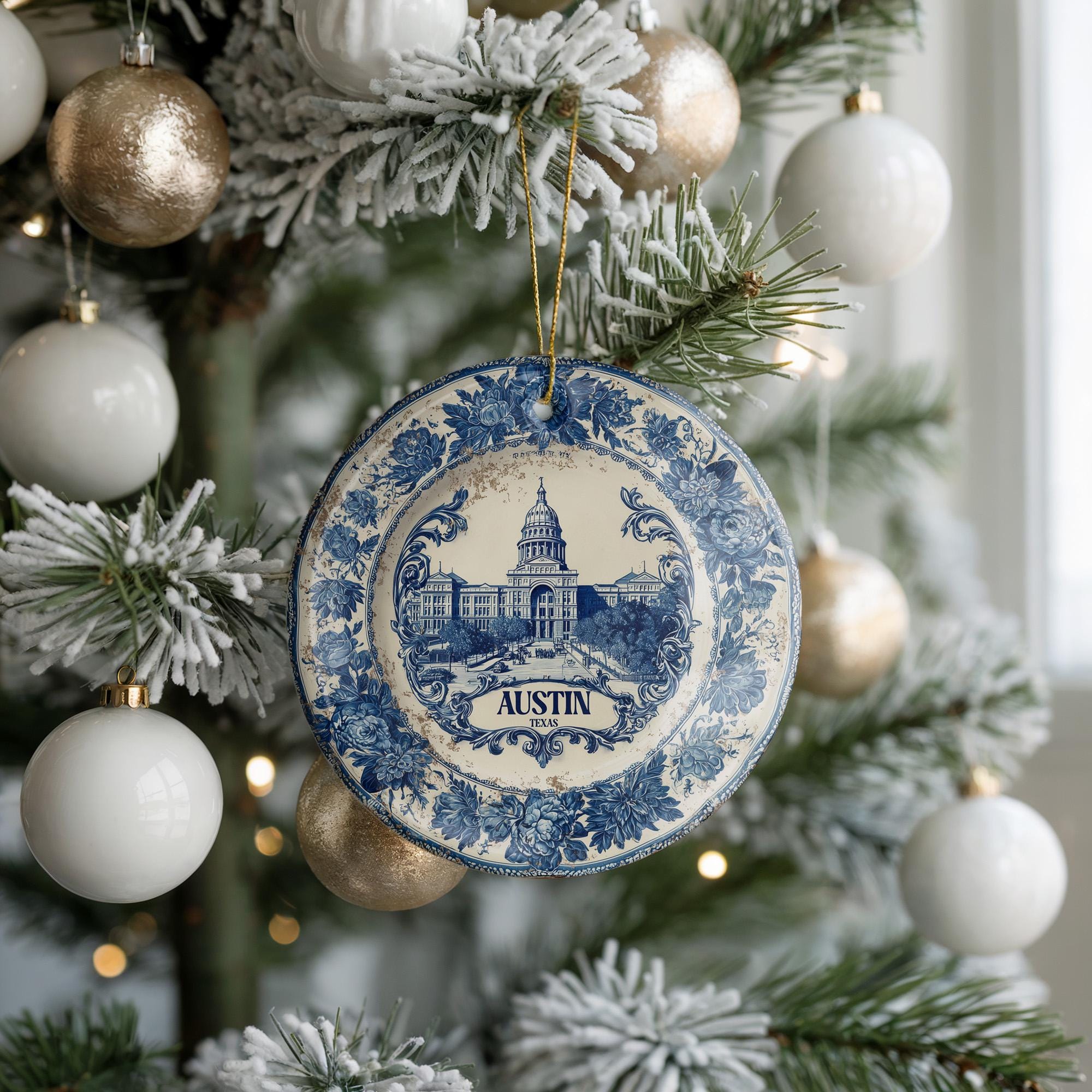 Custom Austin Texas Ceramic Delft Ornament, Christmas Delftware Blue Delftware city travel