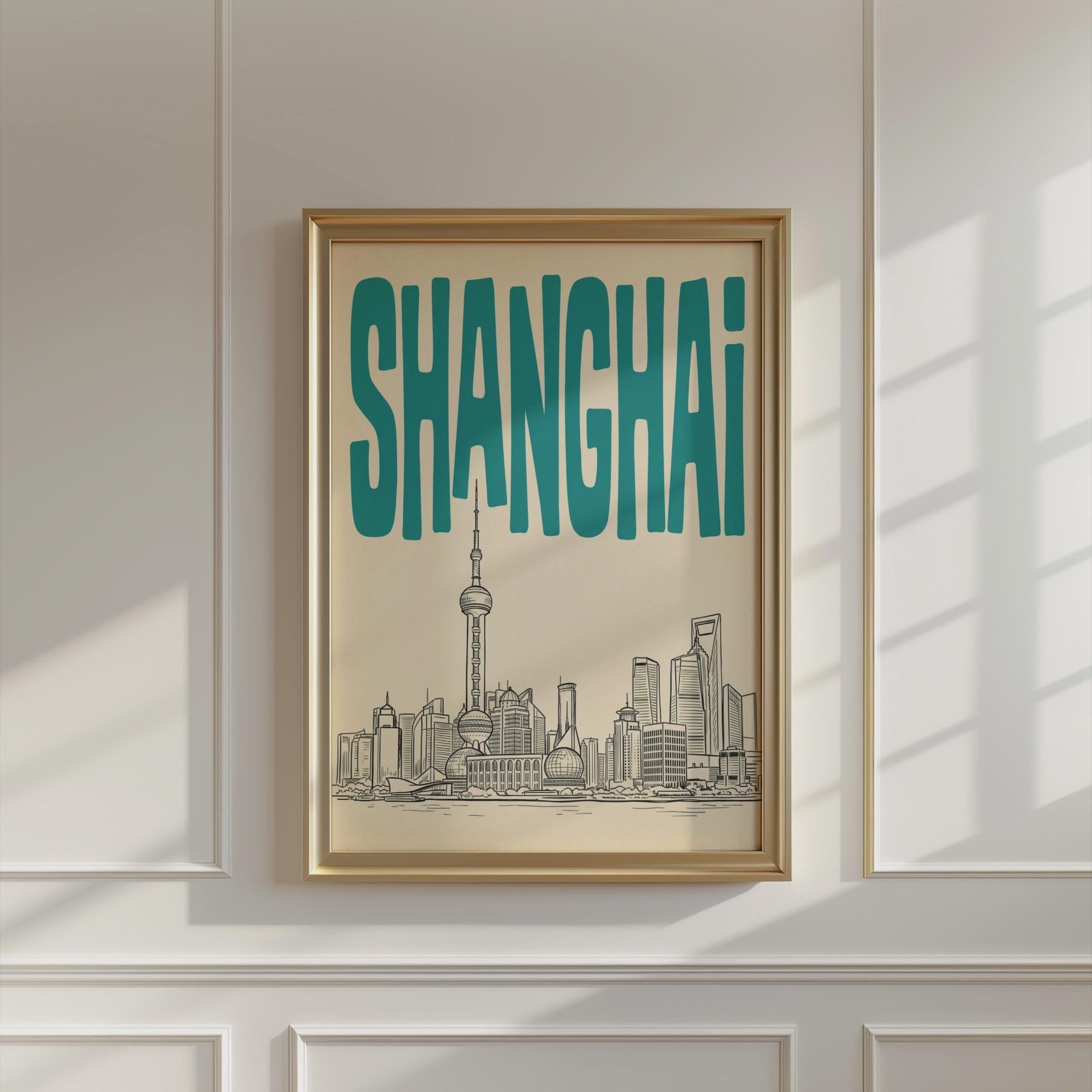 Shanghai Skyline Wall Art, Vintage Travel Poster, Framed Canvas Print