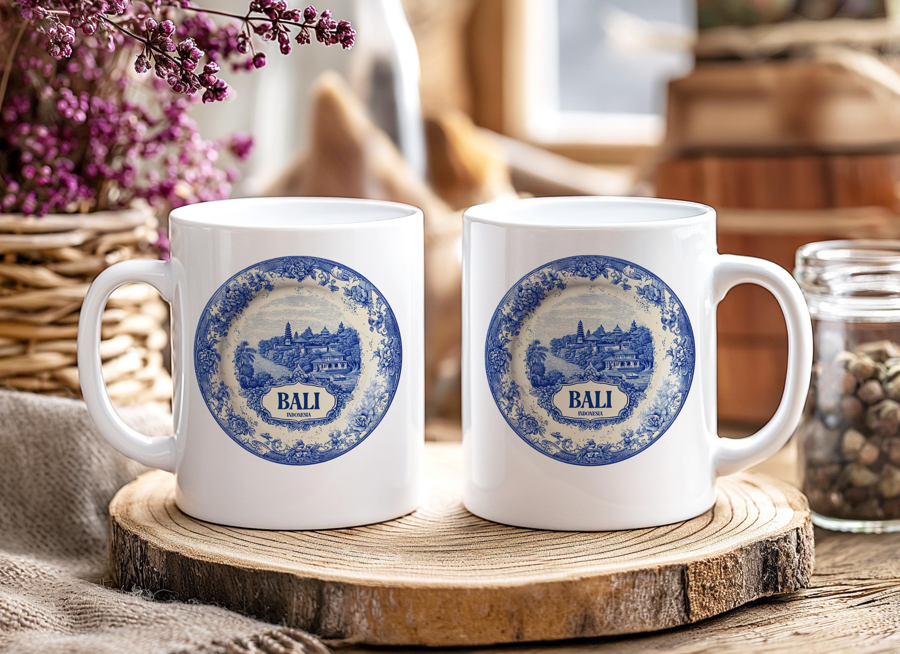 Bali Indonesia Mug, Custom Delft Style cup, Personalized Vintage Travel City Gift