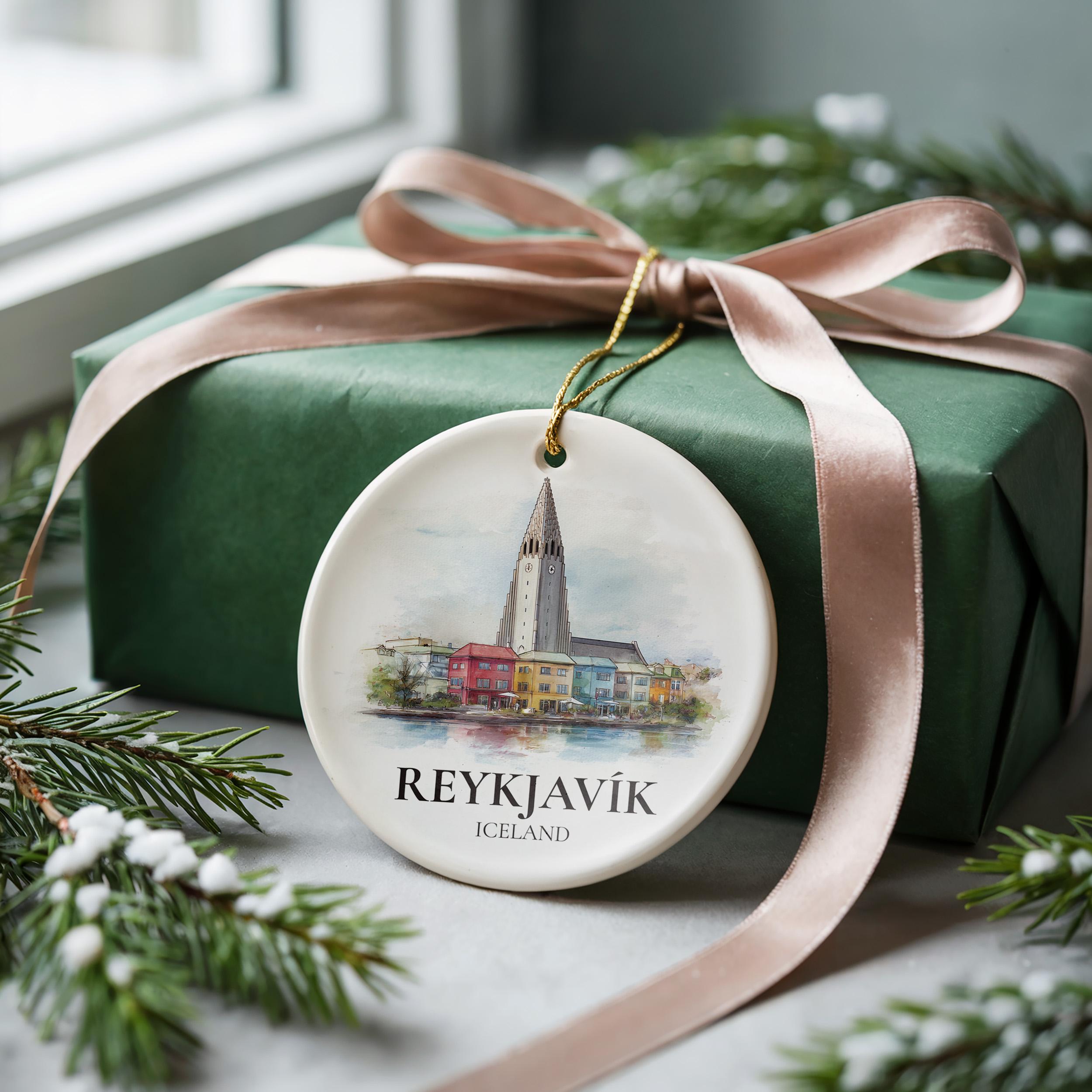 Reykjavik Iceland Personalized Watercolor Ornament, Custom Ceramic Christmas gift, Travel Keepsake
