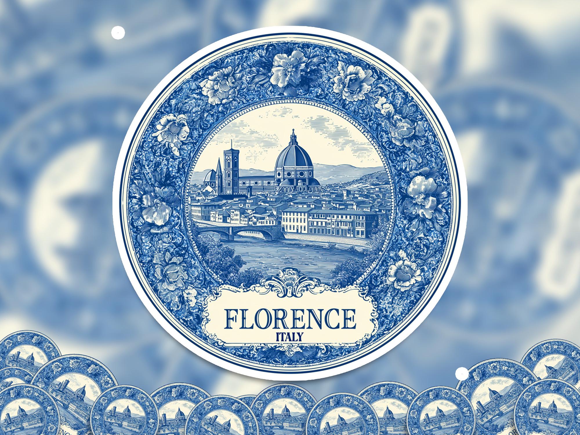 Florence Italy Sticker Vintage Delft style, Delftware Decal Waterproof Vinyl, Blue City Travel