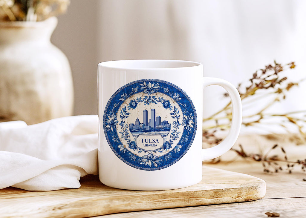Tulsa Oklahoma Mug, Custom Delft Style cup, Personalized Vintage Travel City Gift