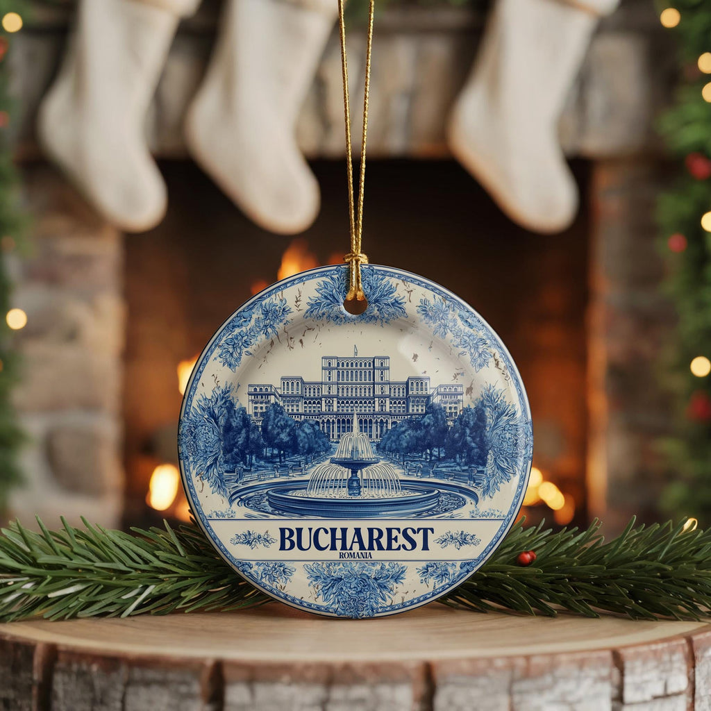 Custom Bucharest Romania Ceramic Delft Ornament, Christmas Delftware Blue Delftware city travel