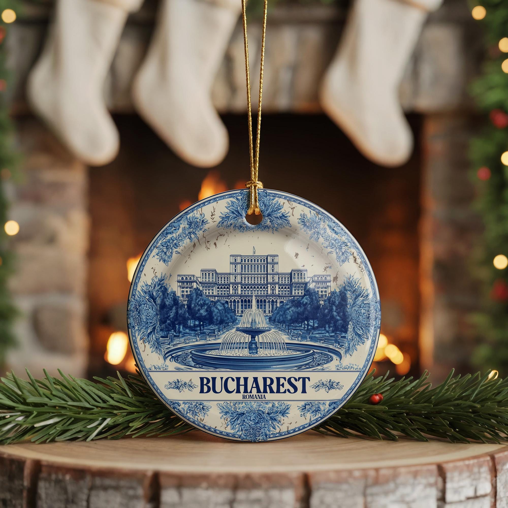 Custom Bucharest Romania Ceramic Delft Ornament, Christmas Delftware Blue Delftware city travel