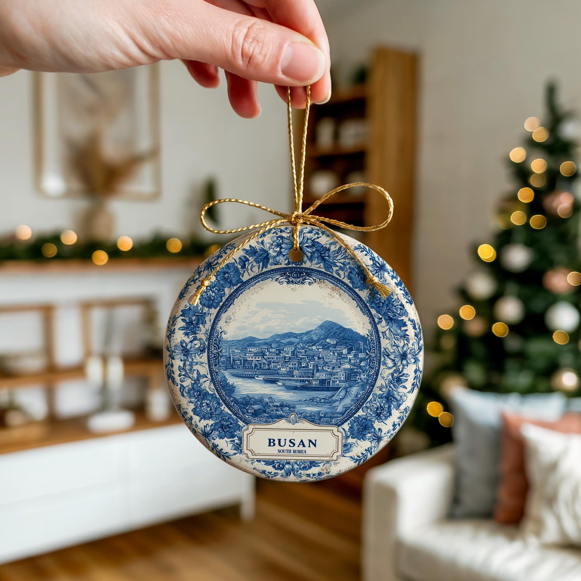 Custom Busan South Korea Ceramic Delft Ornament, Christmas Delftware Blue Delftware city travel