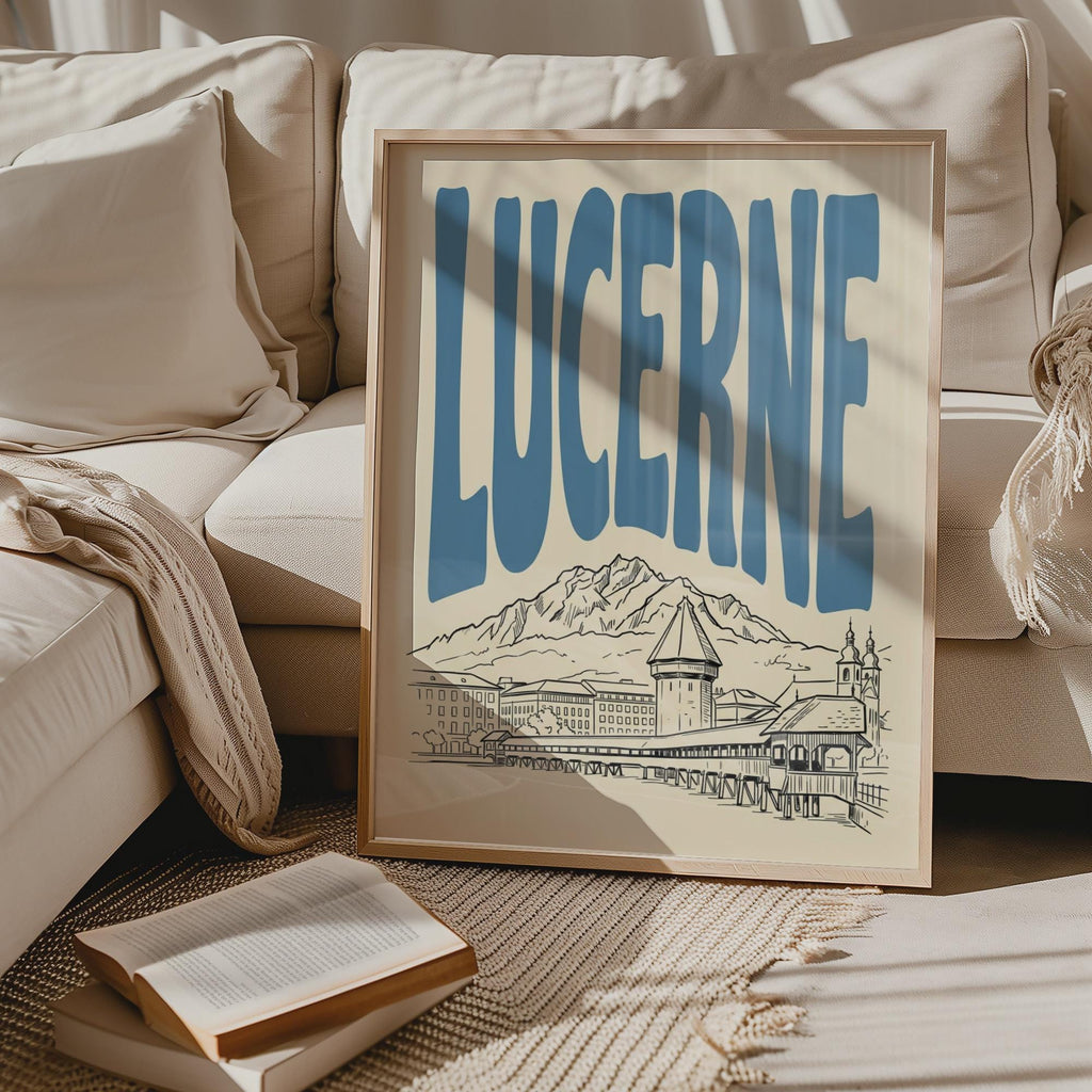 Lucerne Switzerland Wall Art, Framed Canvas Print, Minimalist Travel Decor