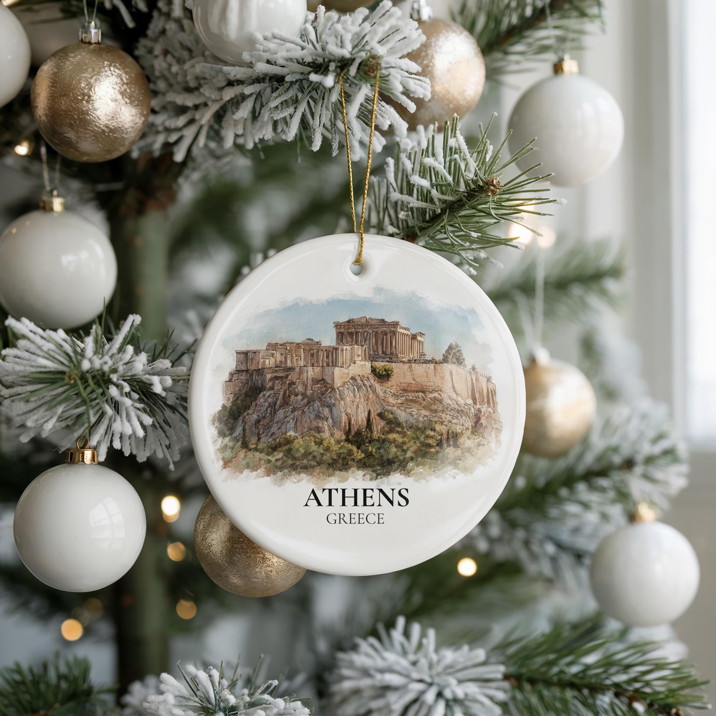 Athens Greece Custom Watercolor Ornament, Personalized Ceramic Christmas gift, Travel Keepsake