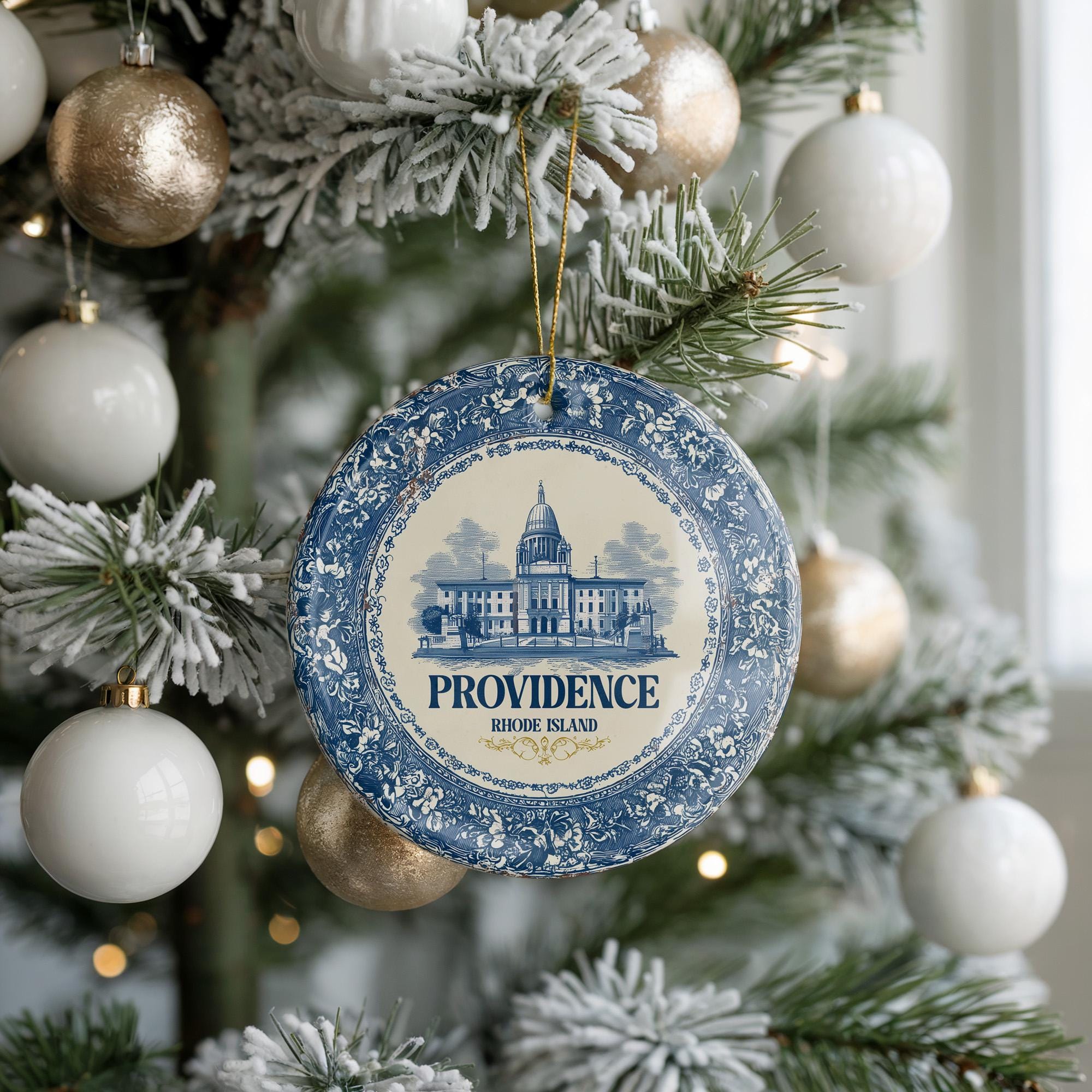 Custom Providence, Rhode Island Ceramic Delft Ornament, Christmas Delftware Blue Delftware city travel