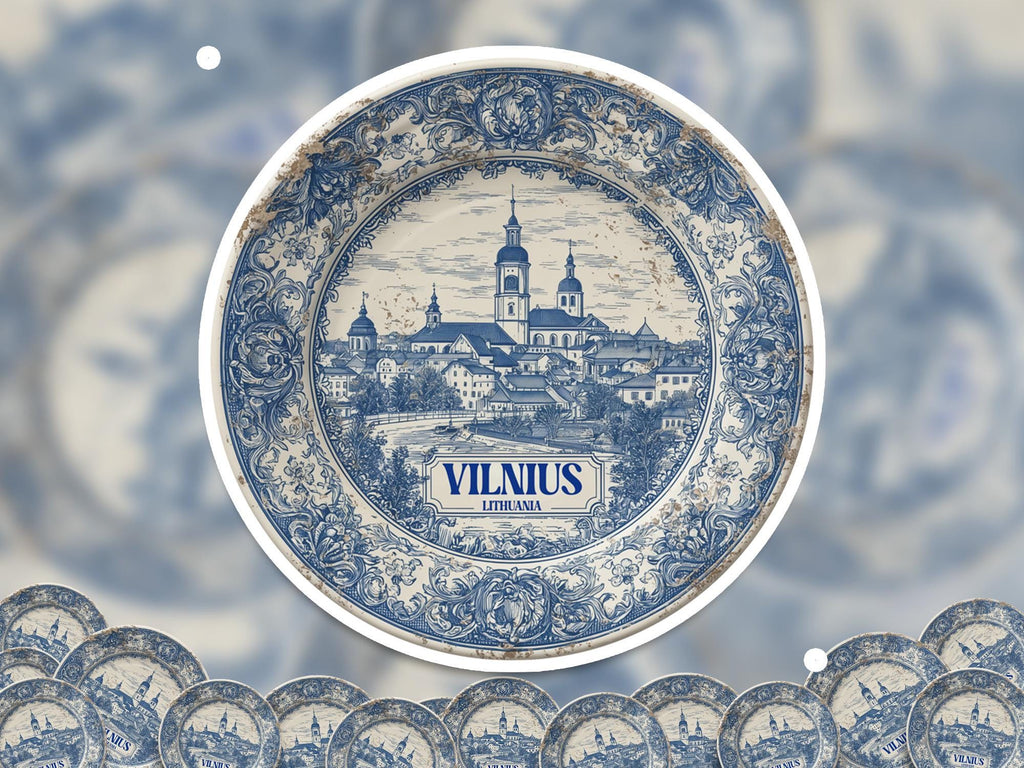 Vilnius Lithuania Sticker Vintage Delft style, Delftware Decal Waterproof Vinyl, Blue City Travel