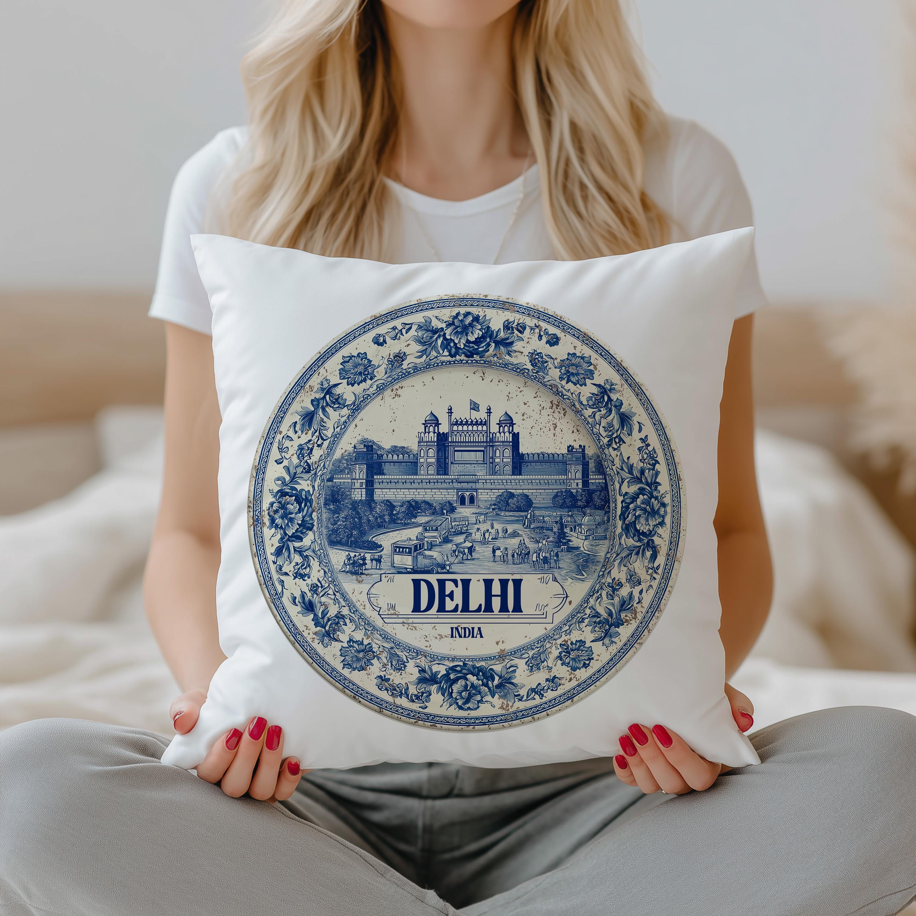 Delhi India Pillowcase, Delft Style Decorative Throw Pillow, Vintage Cityscape Retro Home Decor