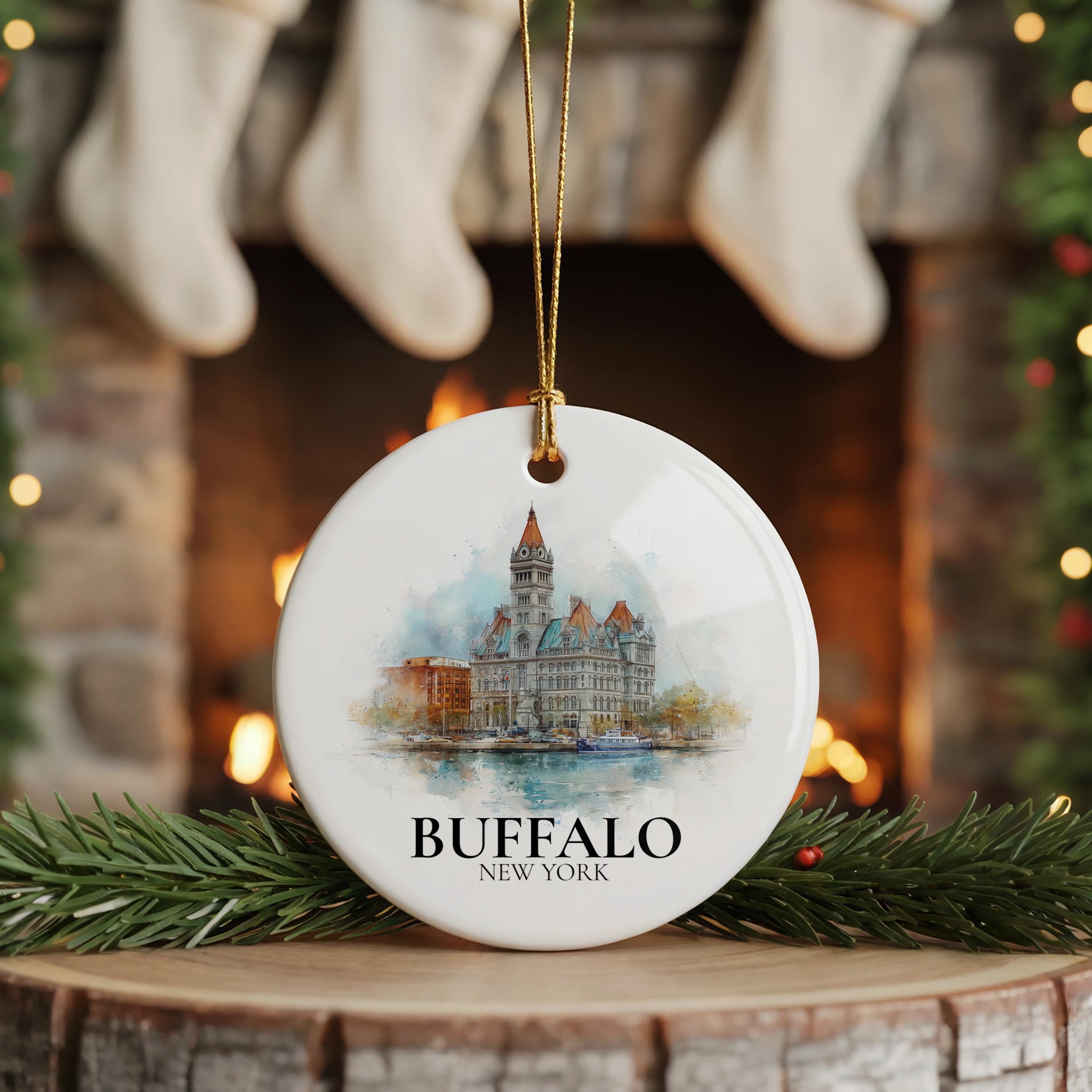 Buffalo New York Personalized Watercolor Ornament, Custom Ceramic Christmas gift, Travel Keepsake